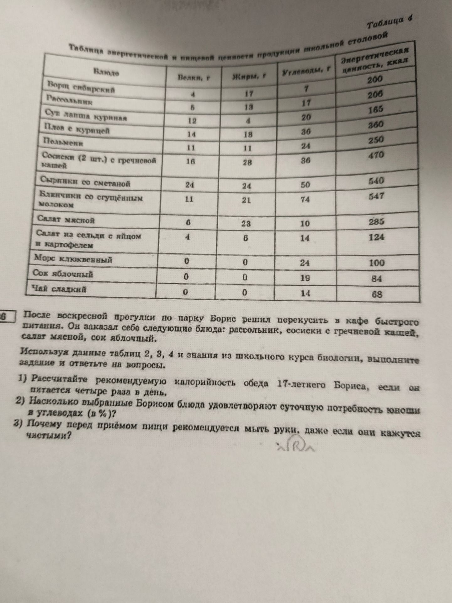 Фото задания: 6. После воскресной прогулки по парку Борис решил перекусить в кафе быстрого питания. Он заказал себе следующий обед:…