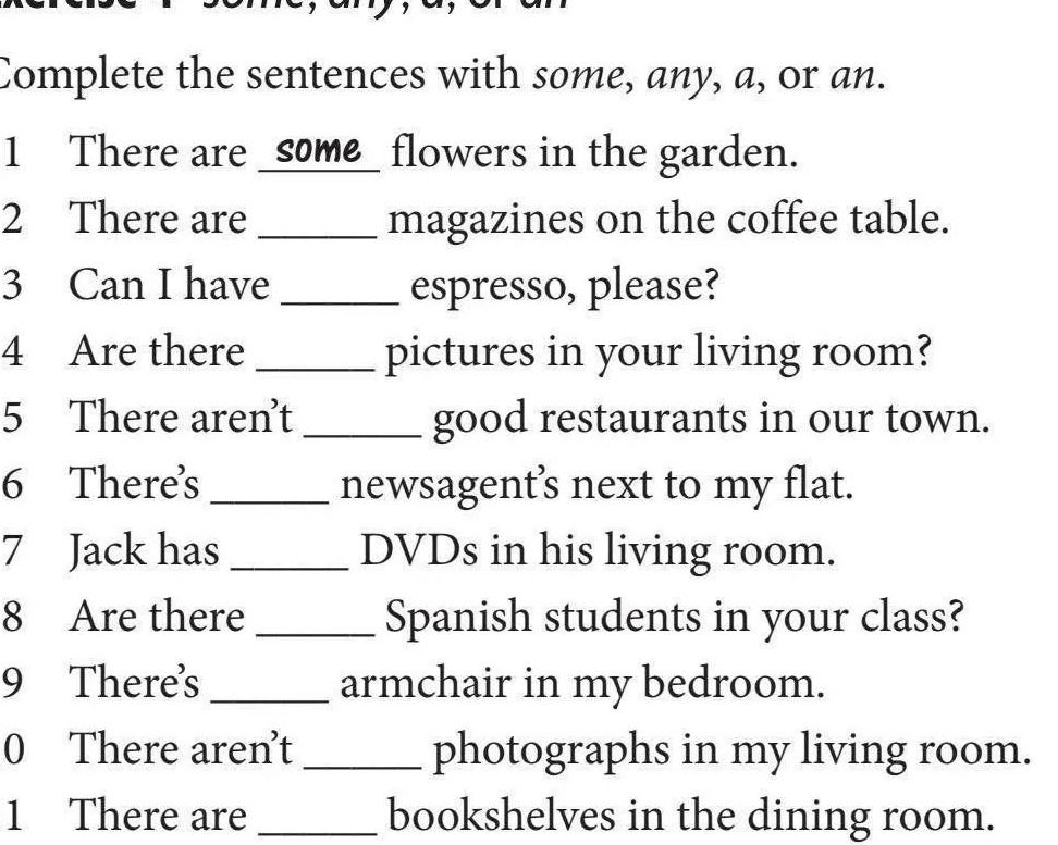 Фото задания: Exercise 1. Some, any, a, or an. Complete the sentences with some, any, a, or an. 1. There are some flowers in the garden. 2.…