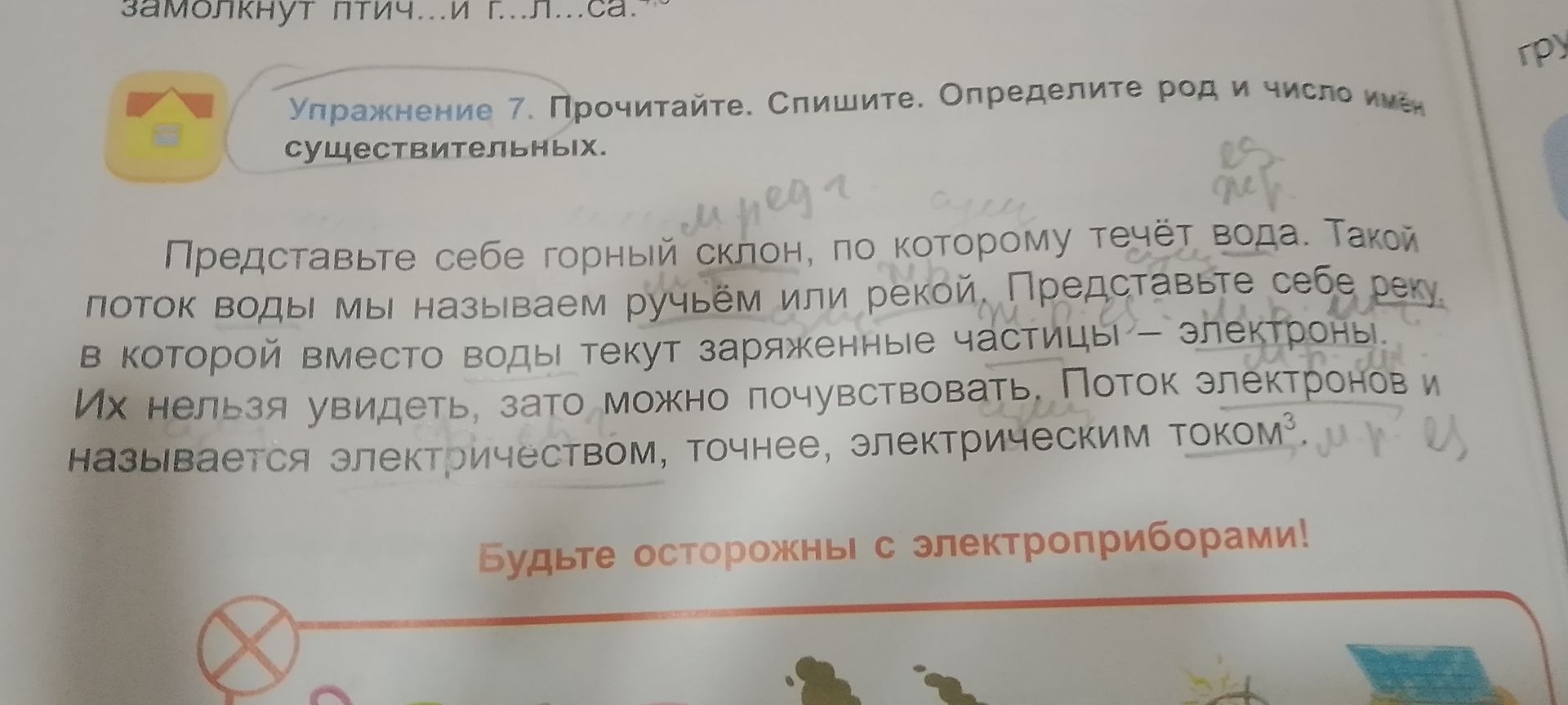 Фото задания: Упражнение 7. Прочитайте. Спишите. Определите род и число имён существительных.