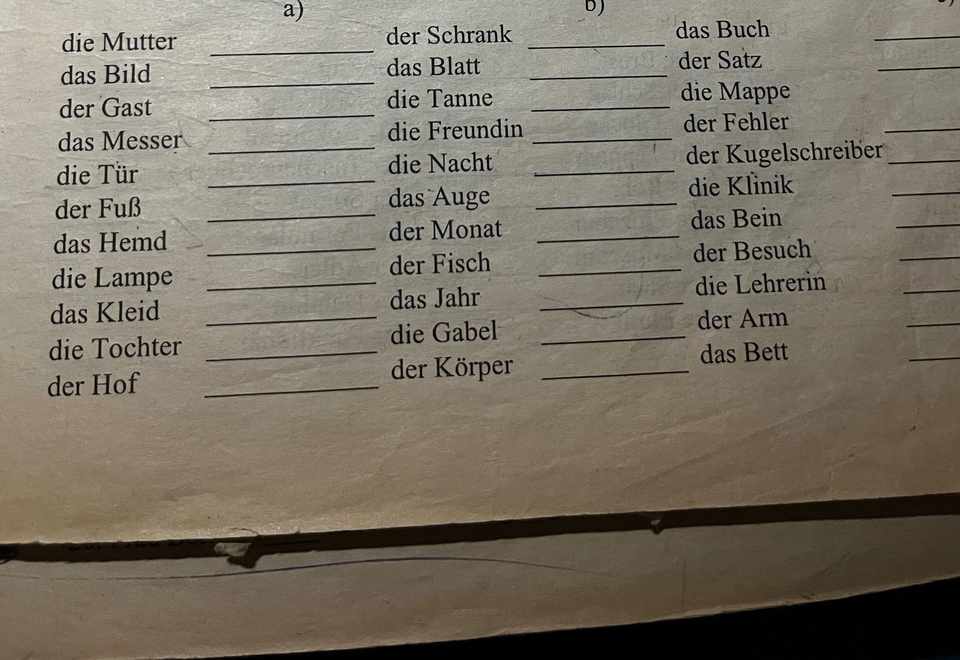 Фото задания: а) die Mutter, das Bild, der Gast, das Messer, die Tür, der Fuß, das Hemd, die Lampe, das Kleid, die Tochter, der Hof; b) der…