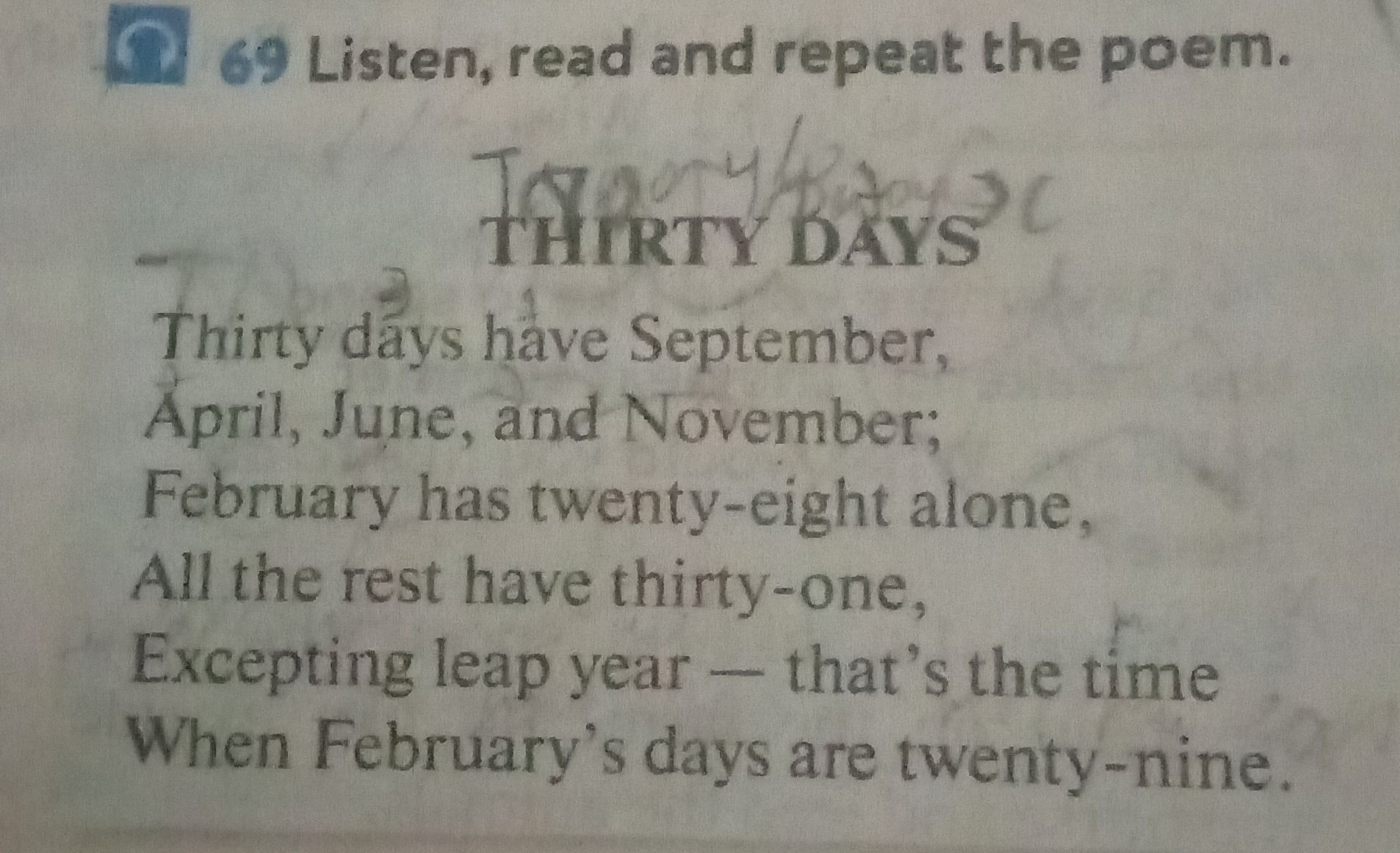 Фото задания: Listen, read and repeat the poem “Thirty Days”.