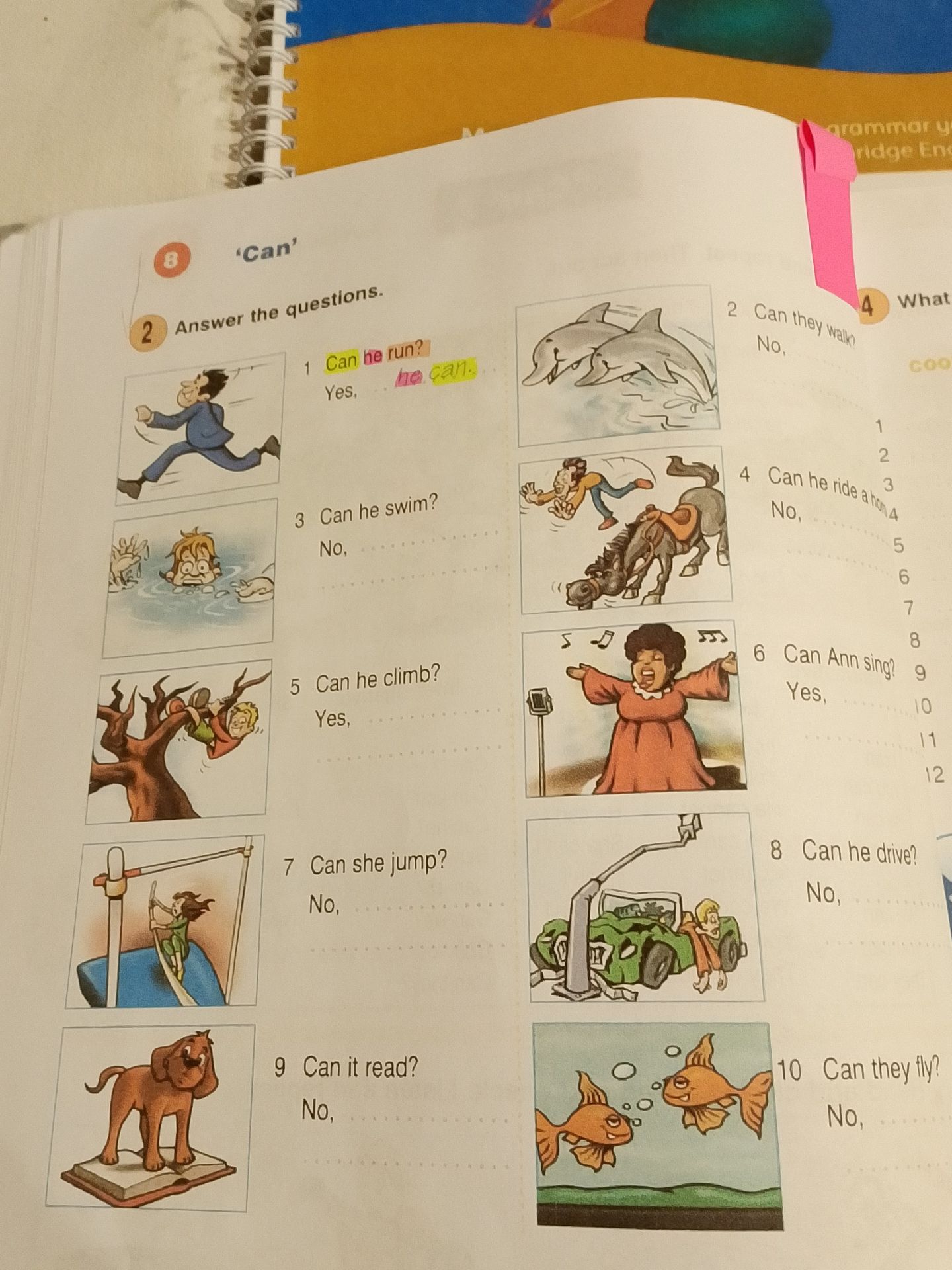 Фото задания: 2. Answer the questions. 1) Can he run? 2) Can they walk? 3) Can he swim? 4) Can he ride a horse? 5) Can he climb? 6) Can Ann…