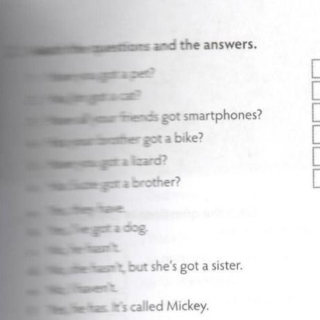 Фото задания: Match the questions and the answers. (The text is partly blurred.) Questions: … got a pet?; … got a …?; … friends got…