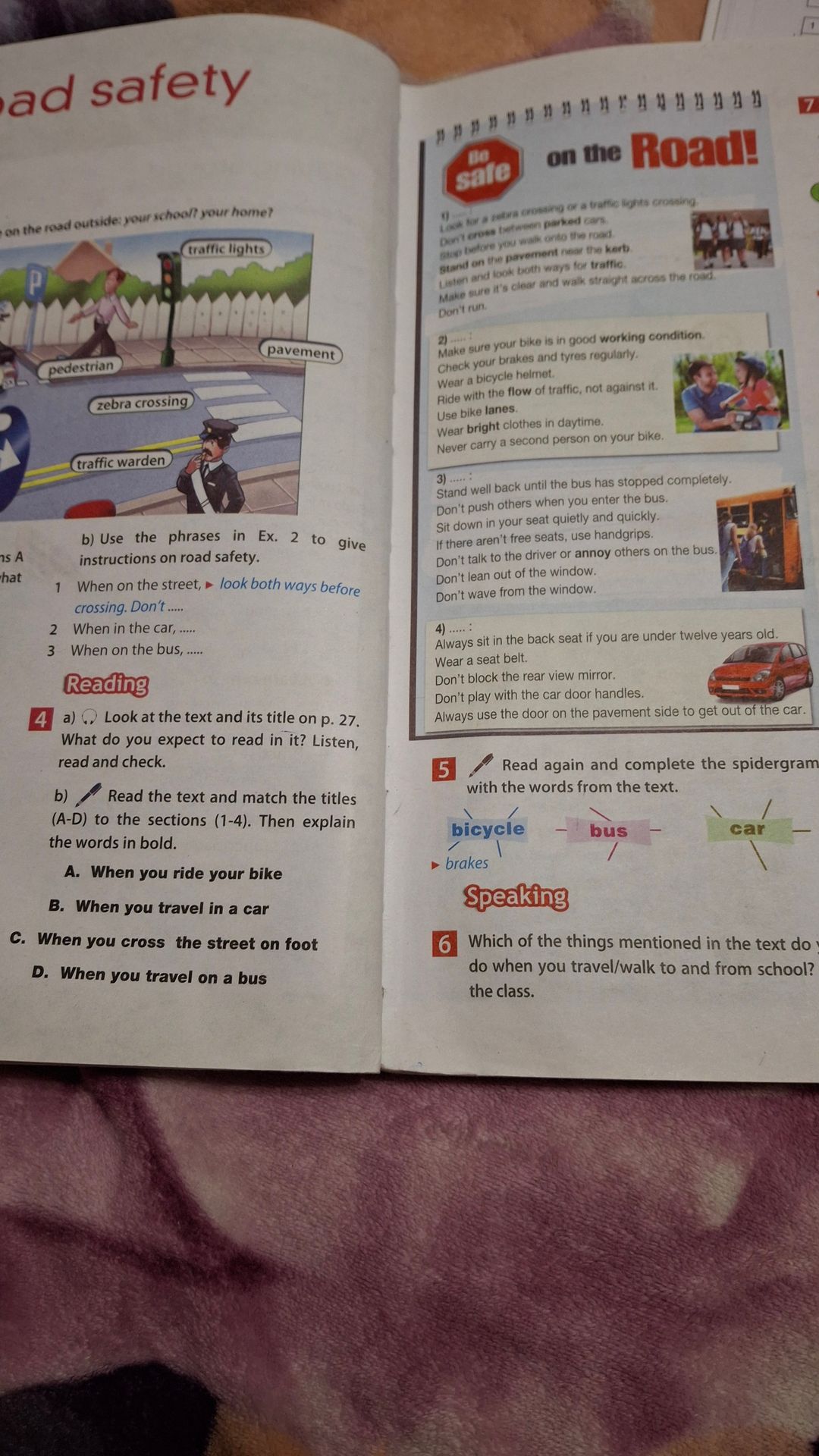 Фото задания: 5. Read again and complete the spidergram with the words from the text: bicycle, bus, car. Example: bicycle — brakes.