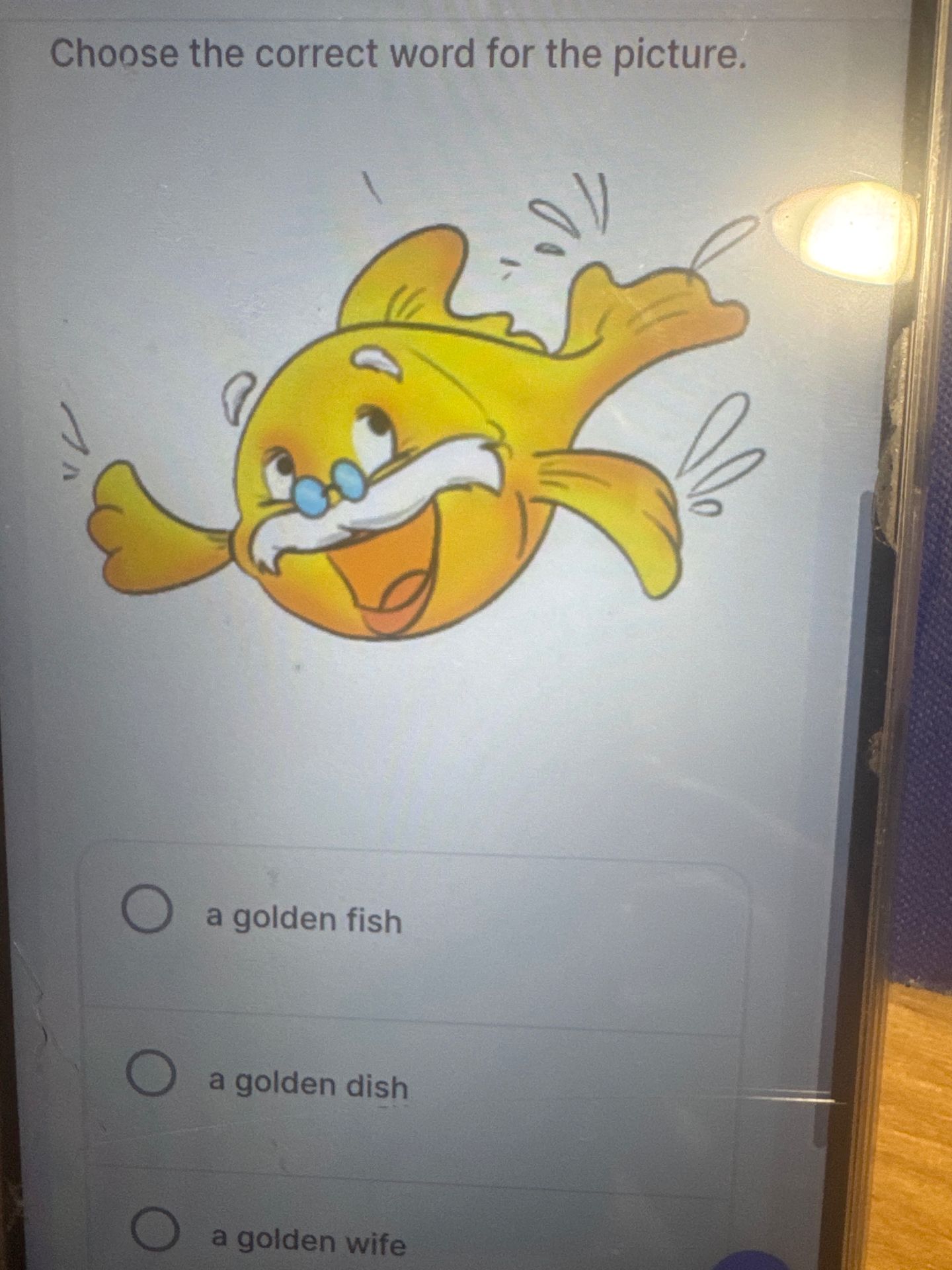 Фото задания: Choose the correct word for the picture. Options: a golden fish; a golden dish; a golden wife.