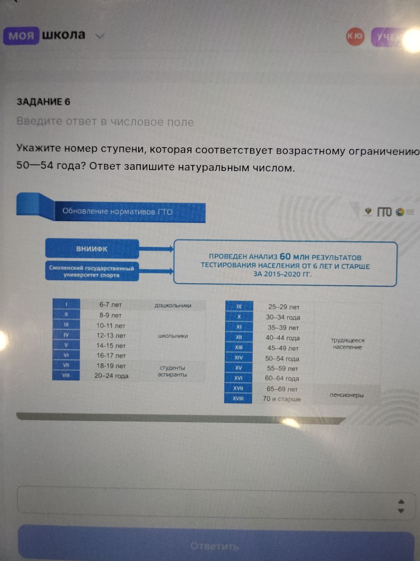 Фото задания: Задание 6. Укажите номер ступени, которая соответствует возрастному ограничению 50—54 года. Ответ запишите натуральным числом.