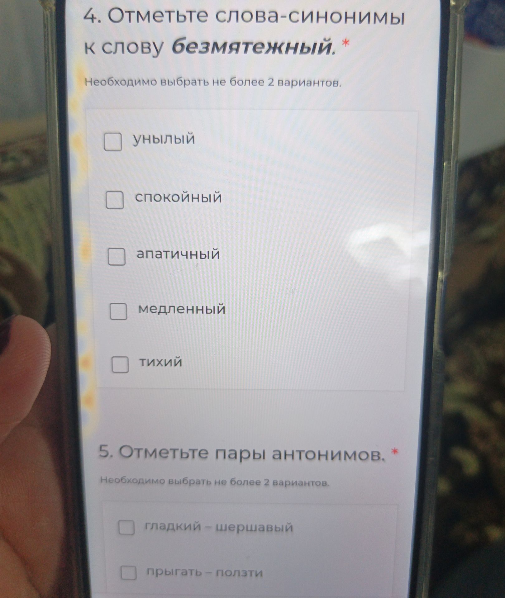 Фото задания: 5. Отметьте пары антонимов. Необходимо выбрать не более 2 вариантов. Видимые варианты: гладкий — шершавый; прыгать —…