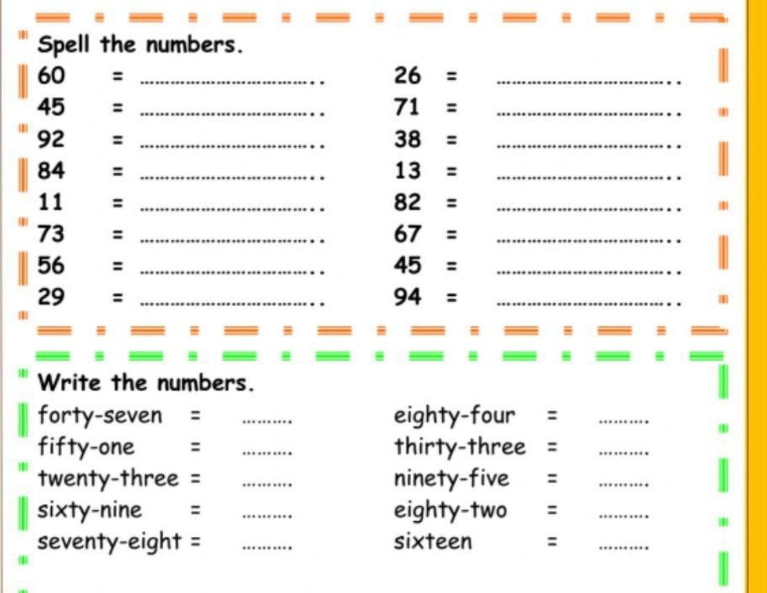 Фото задания: Spell the numbers. 60, 45, 92, 84, 11, 73, 56, 29, 26, 71, 38, 13, 82, 67, 45, 94.