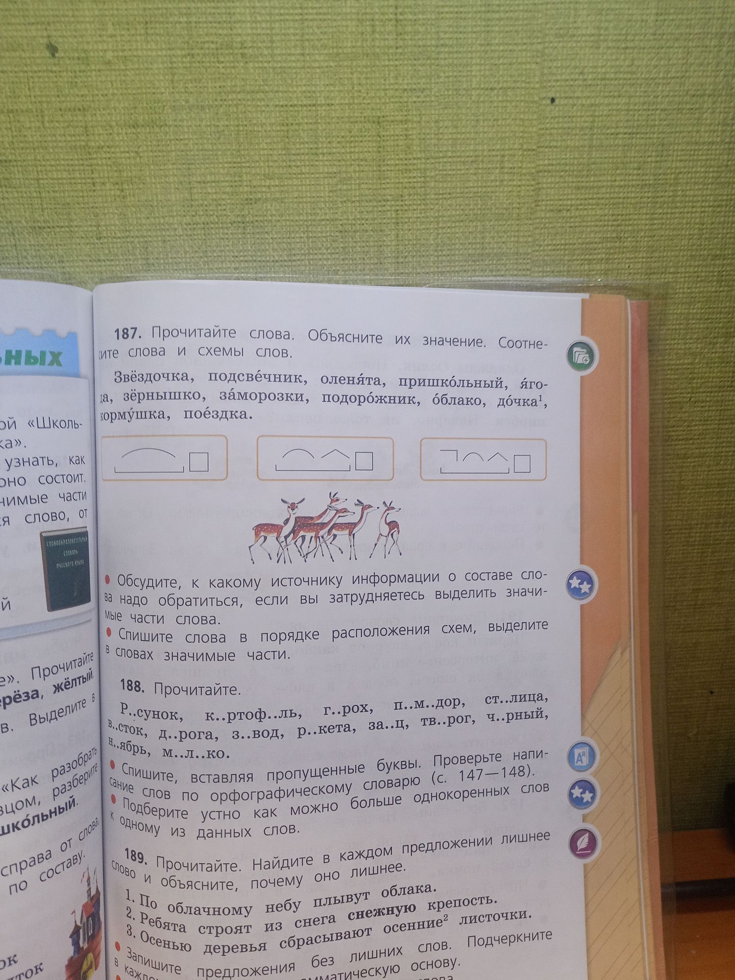 Фото задания: 187. Прочитайте слова. Объясните их значение. Соотнесите слова и схемы слов. Звёздочка, подсвечник, оленята, пришкольный,…