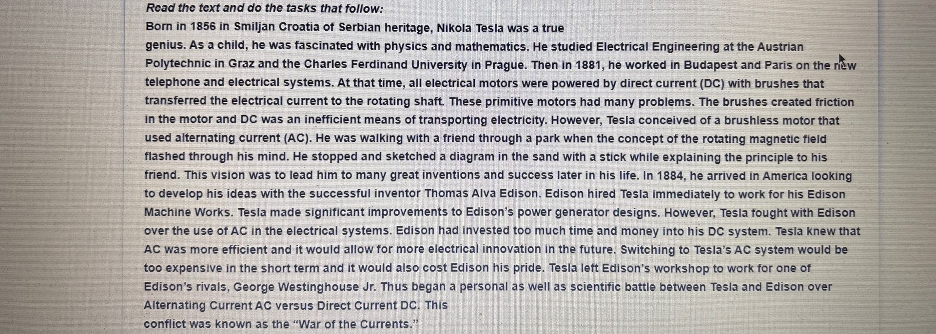 Фото задания: Read the text and do the tasks that follow: [the text about Nikola Tesla].