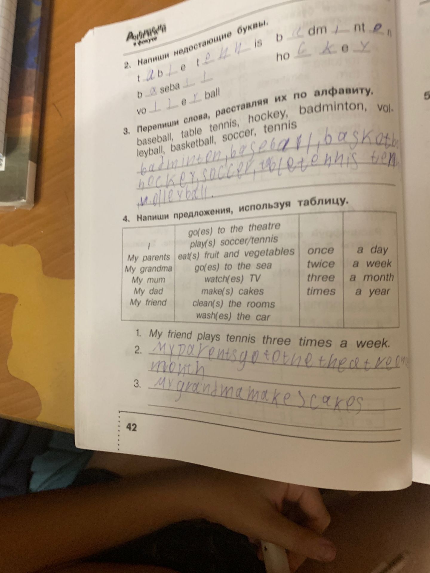 Фото задания: 2. Напиши недостающие буквы: t_ble; t_nnis; b_dm_nt_n; ho_k_y; b_seba_l; vo_l_yball.