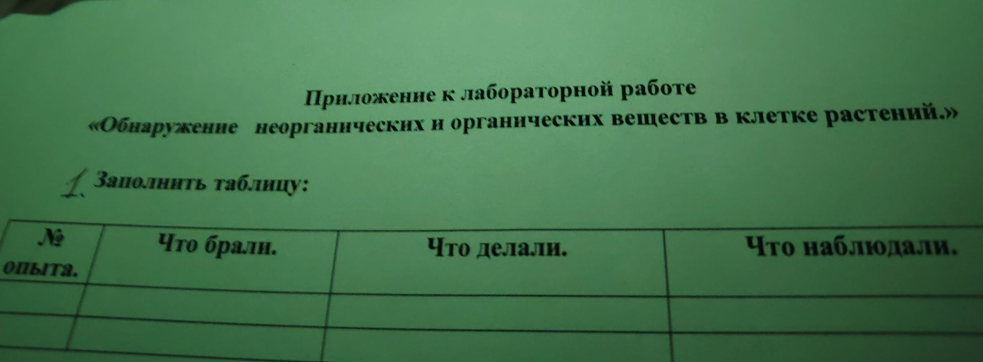 Фото задания: 1. Заполнить таблицу: «№ опыта», «Что брали», «Что делали», «Что наблюдали» (приложение к лабораторной работе «Обнаружение…