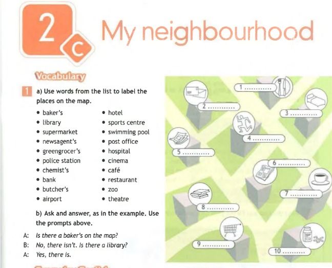 Фото задания: Exercise 1a–b. a) Use words from the list to label the places on the map: baker’s, library, supermarket, newsagent’s,…