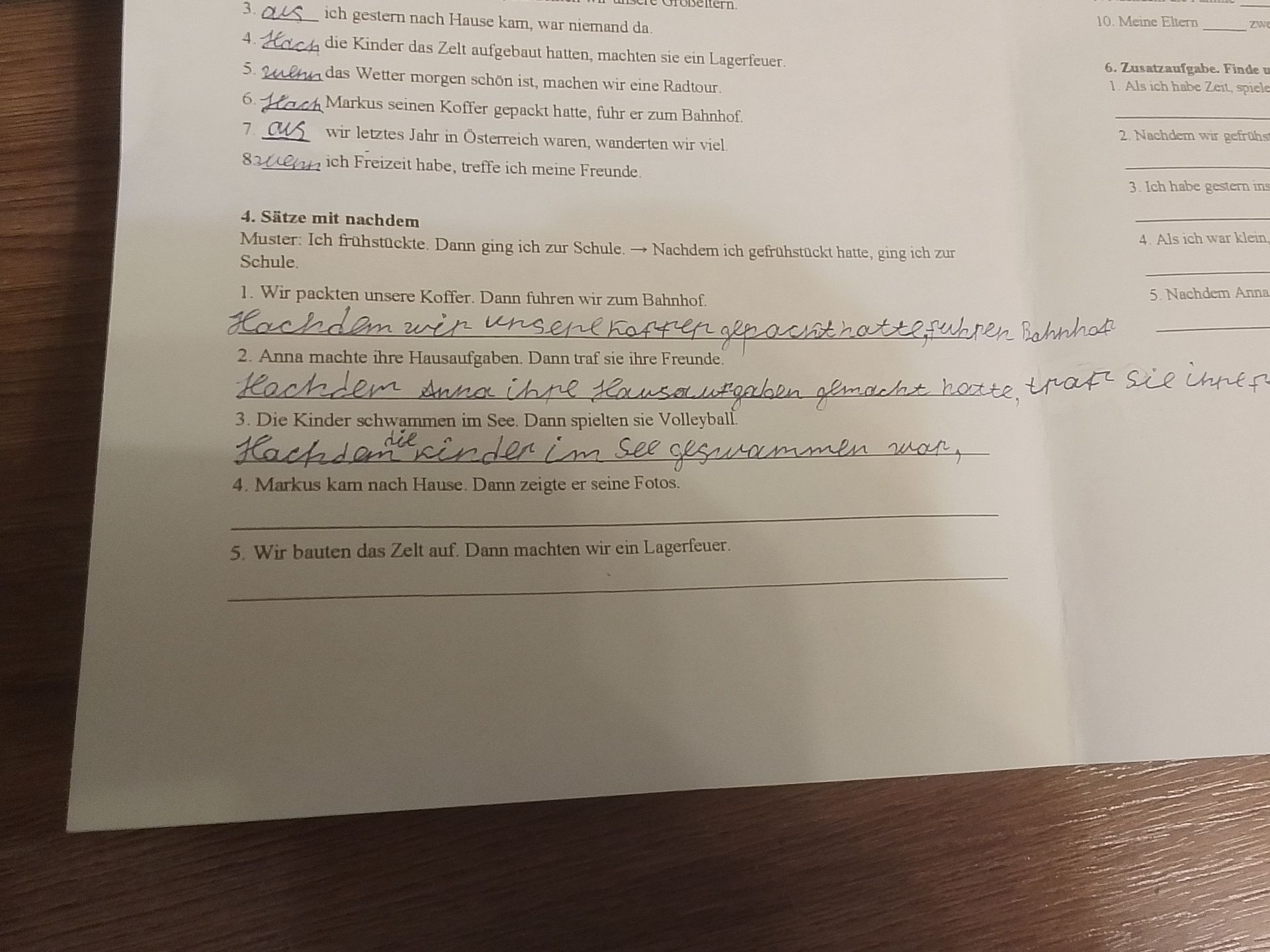 Фото задания: 4. Sätze mit nachdem. Bilde Sätze mit „nachdem“: 1. Wir packten unsere Koffer. Dann fuhren wir zum Bahnhof. 2. Anna machte…