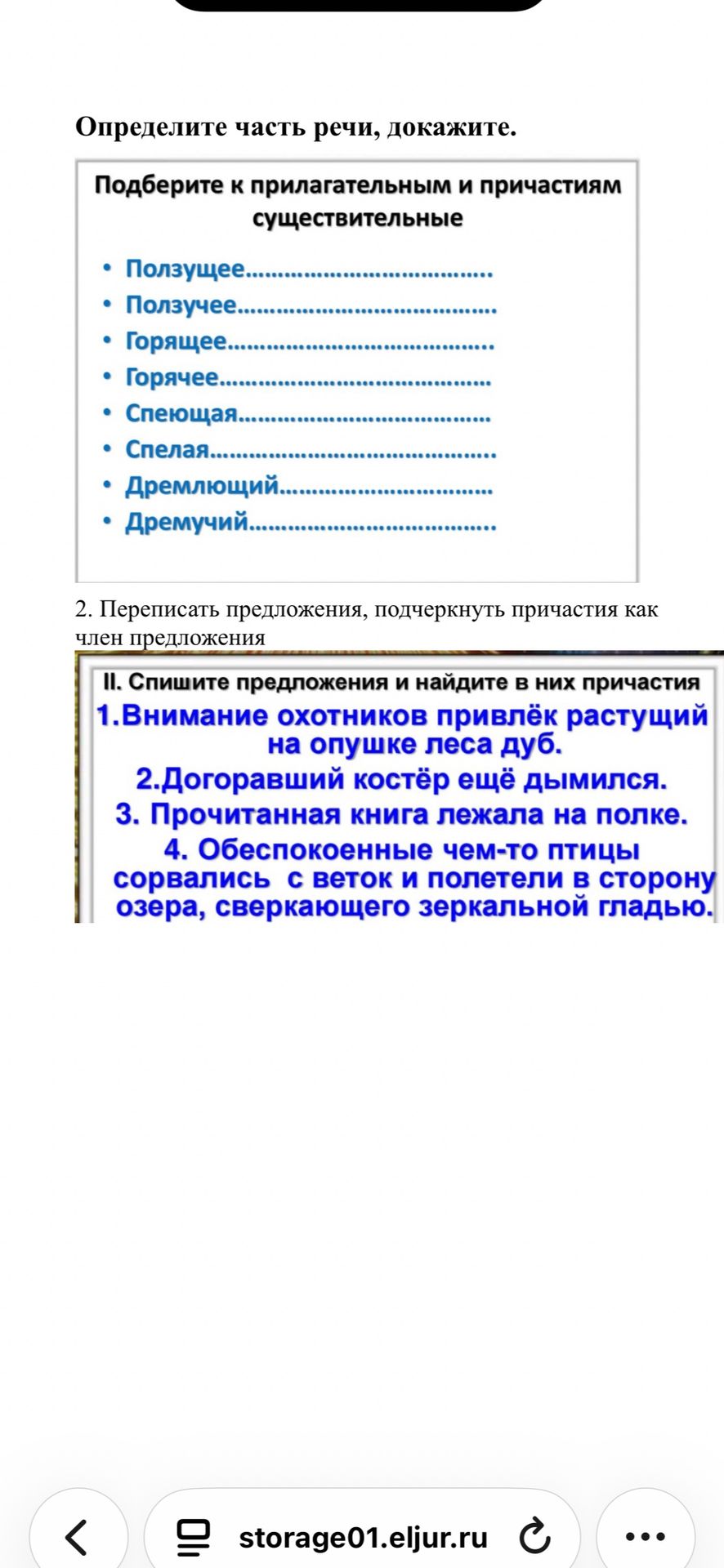 Фото задания: 2. Переписать предложения, подчеркнуть причастия как член предложения. 1. Внимание охотников привлёк растущий на опушке…