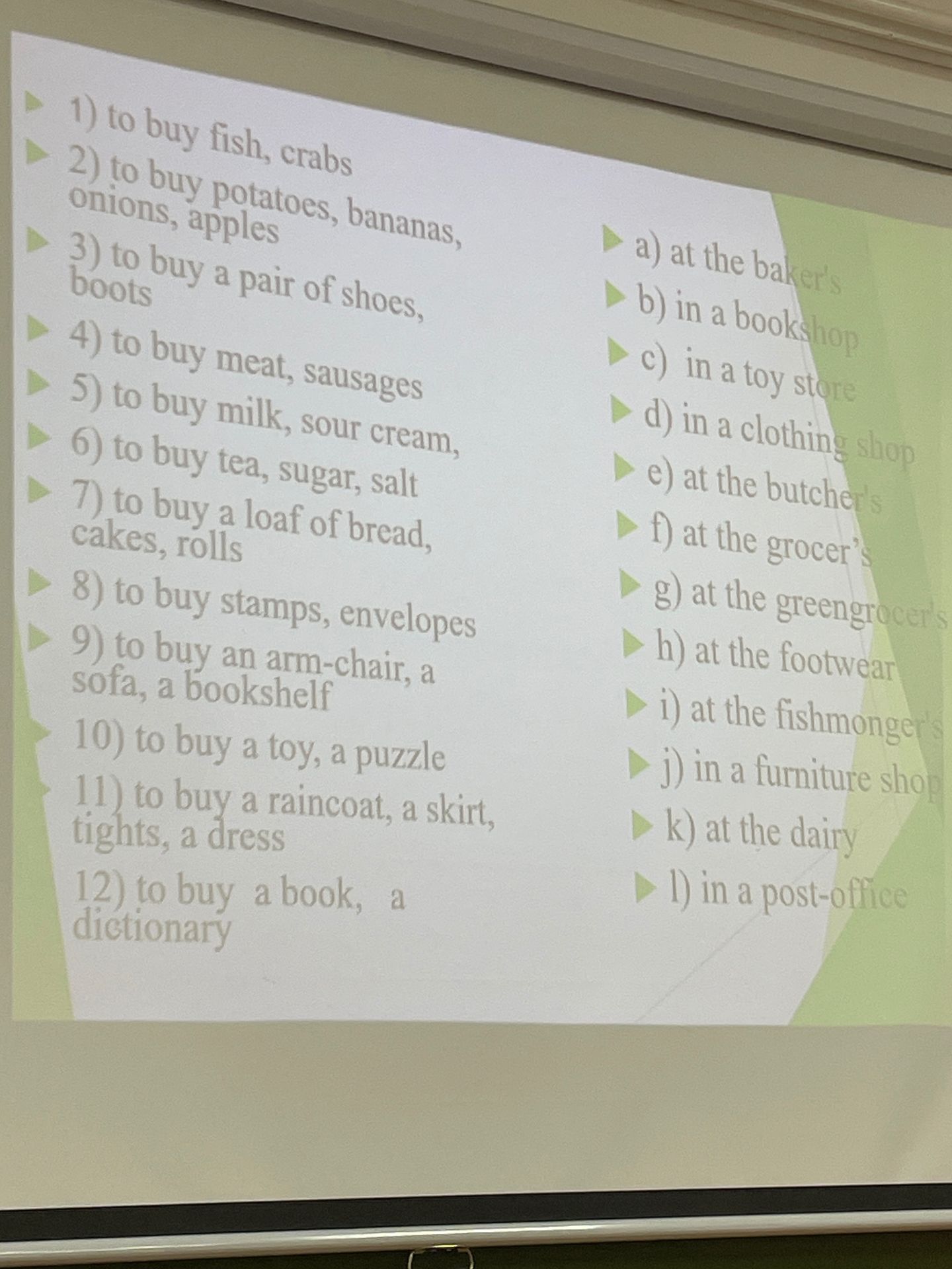 Фото задания: Match the things you want to buy with the shops: 1) to buy fish, crabs; 2) to buy potatoes, bananas, onions, apples; 3) to…