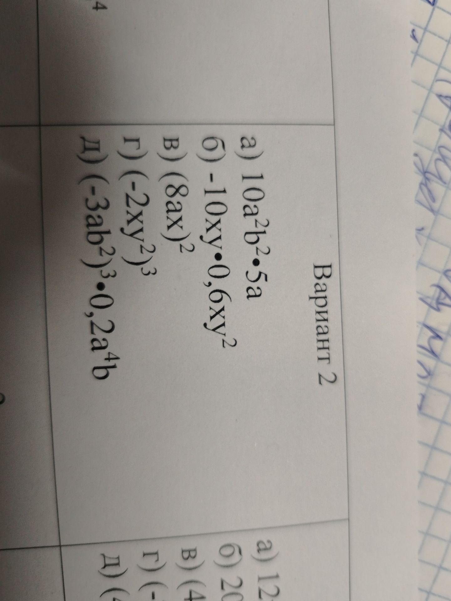 Фото задания: 4. Вариант 2. Упростите выражения: а) 10a²b²·5a; б) −10xy·0,6xy²; в) (8ax)²; г) (−2xy²)³; д) (−3ab²)³·0,2a⁴b.
