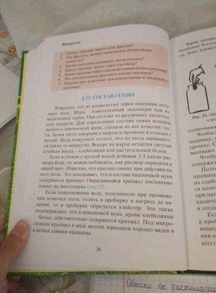 Фото задания: Вопросы: 1. Какая часть растения содержит крахмал? 2. Как обнаружить крахмал в семенах пшеницы? 3. Какие вещества…