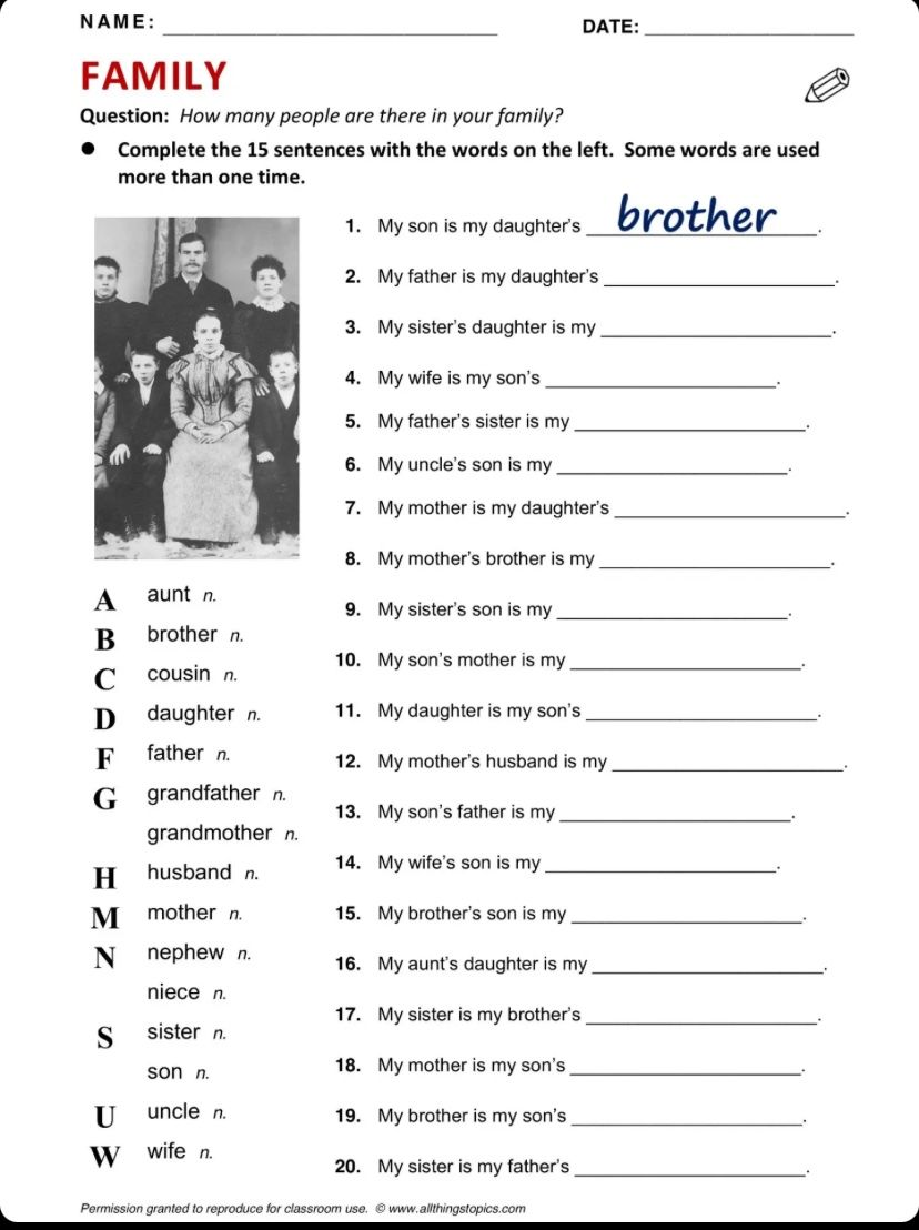 Фото задания: FAMILY. Question: How many people are there in your family? Complete the 15 sentences with the words on the left. Some…
