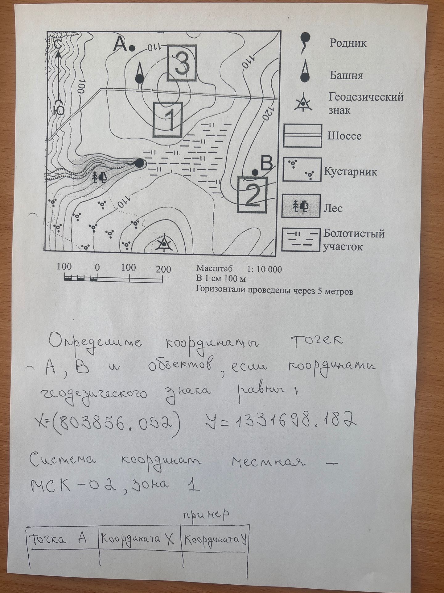 Фото задания: Определите координаты точек A, B и объектов, если координаты геодезического знака равны X = 803856.052, Y = 1331698.182.…