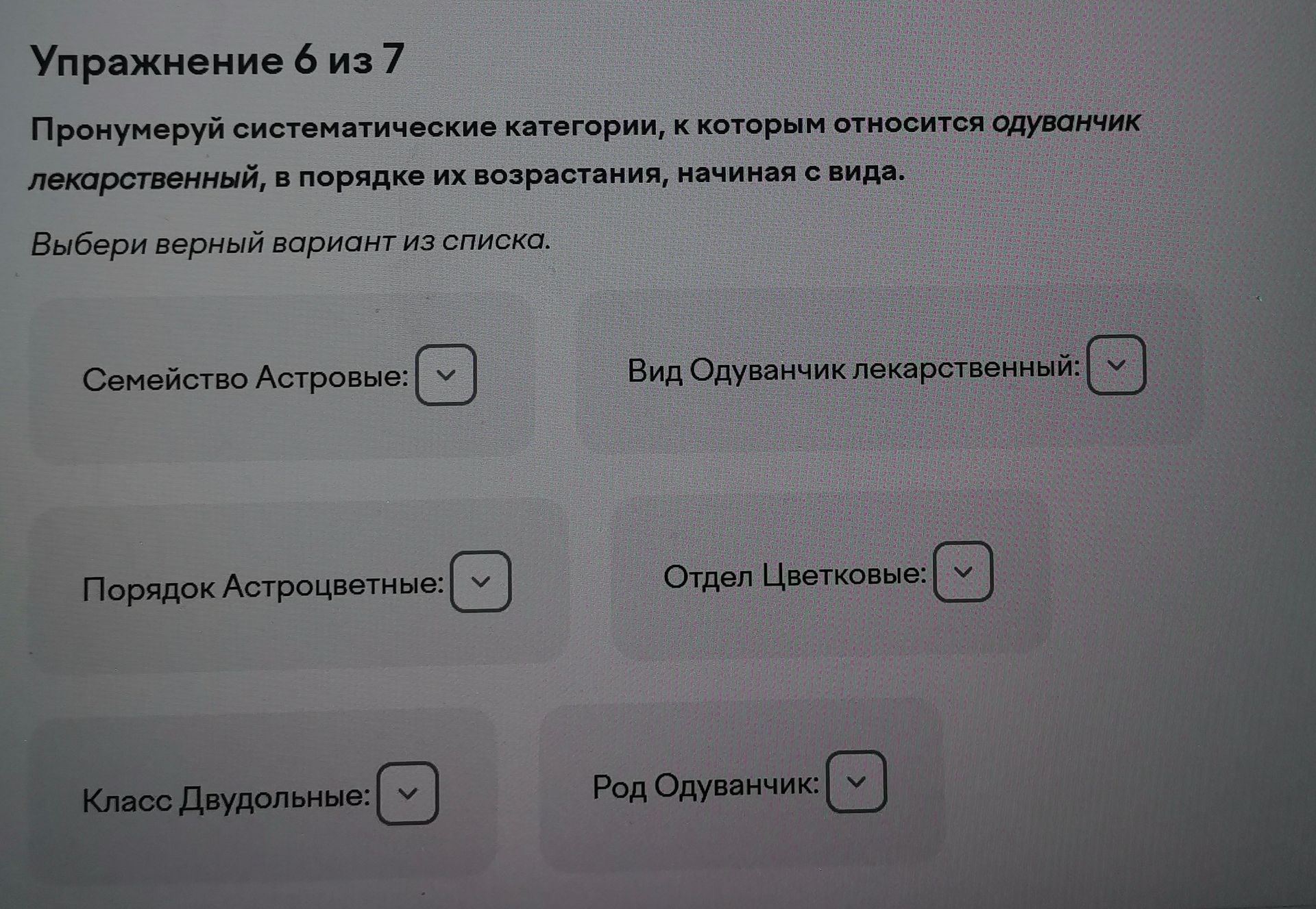 Фото задания: Упражнение 6 из 7. Пронумеруй систематические категории, к которым относится одуванчик лекарственный, в порядке их…