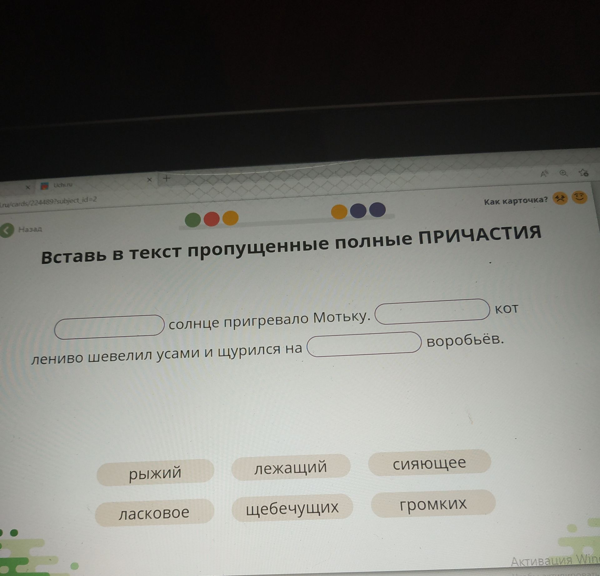 Фото задания: Вставь в текст пропущенные полные причастия: ___ солнце пригревало Мотьку. ___ кот лениво шевелил усами и щурился на ___…