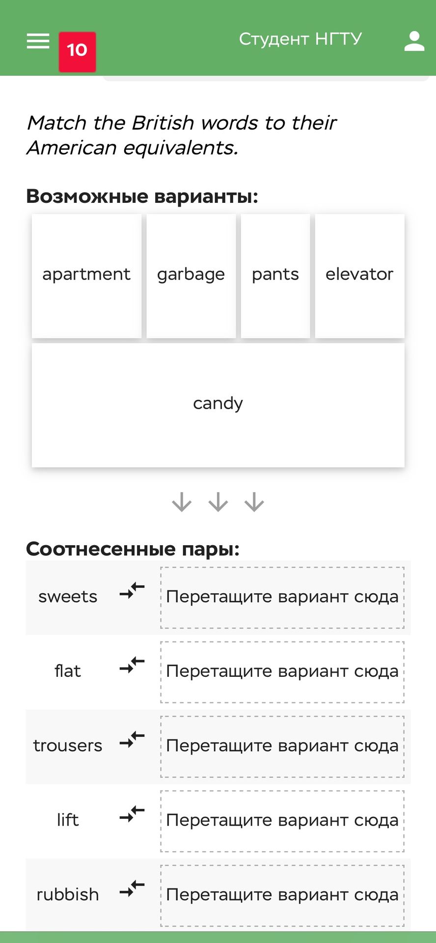 Фото задания: 10. Match the British words to their American equivalents. British words: sweets, flat, trousers, lift, rubbish. Options:…