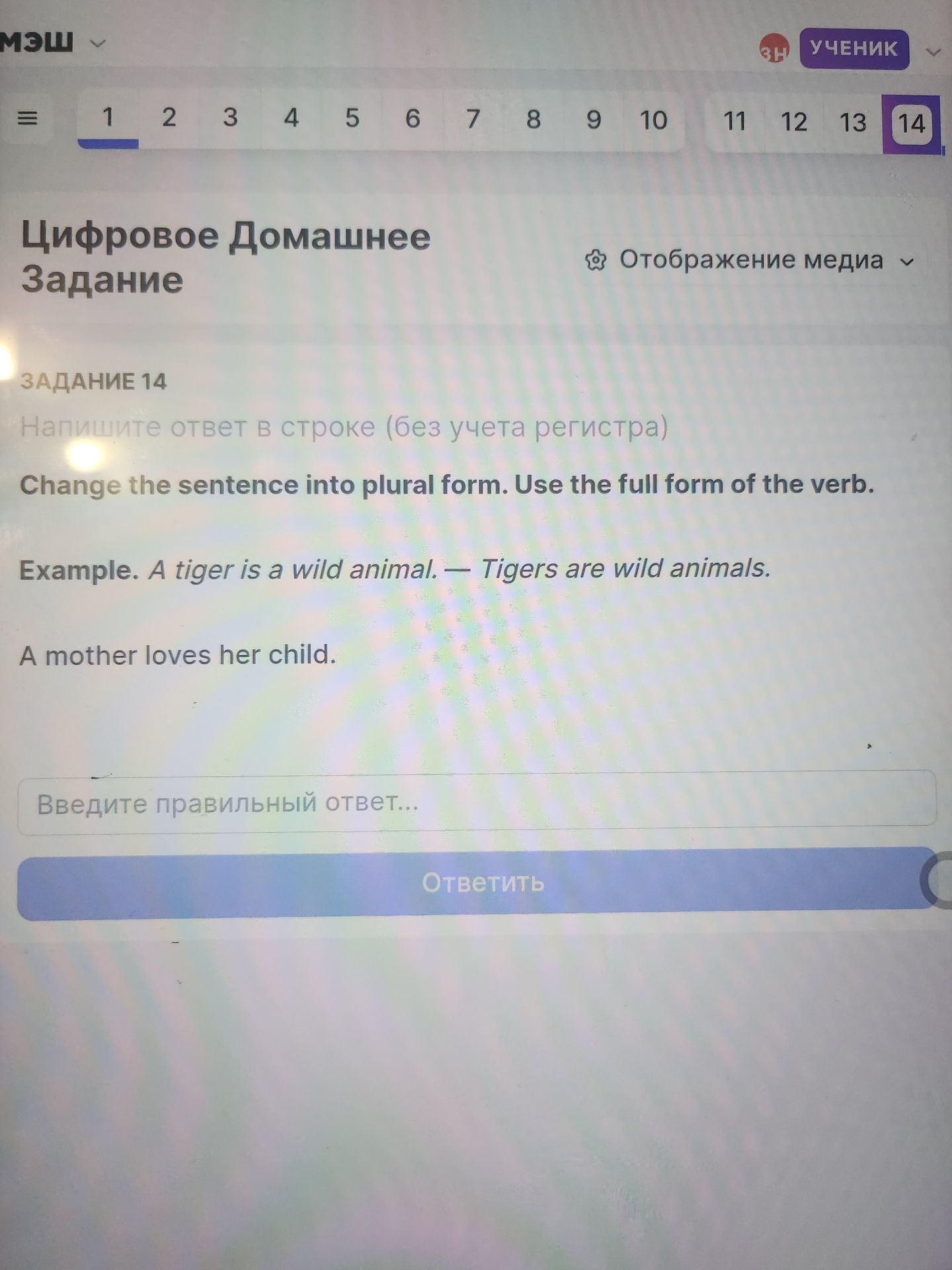 Фото задания: 14. Change the sentence into plural form. Use the full form of the verb. A mother loves her child.