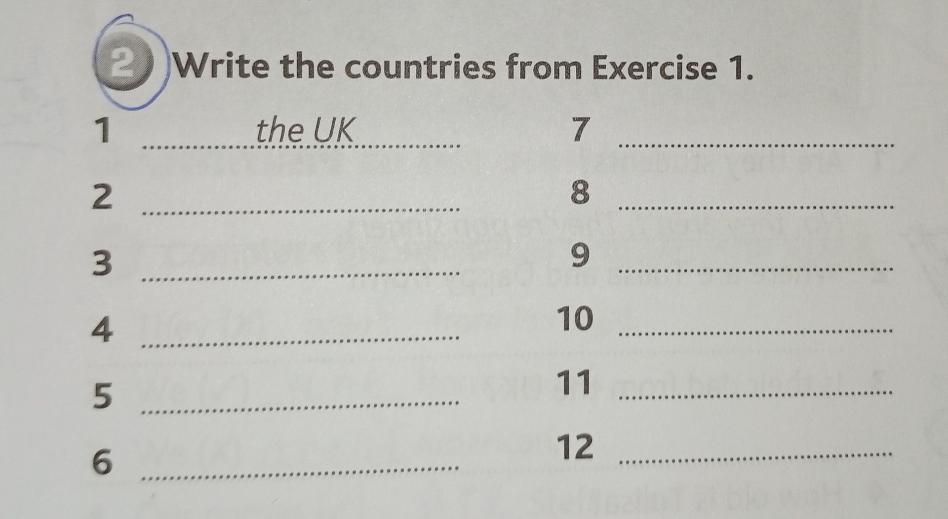 Фото задания: 2. Write the countries from Exercise 1. 1) the UK; 2–12) [the list from Exercise 1 is not shown].
