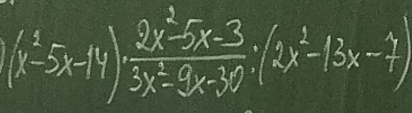 Фото задания: Упростите выражение: \((x^2-5x-14)\cdot\dfrac{2x^2-5x-3}{3x^2-9x-30}:(2x^2-13x-7)\).