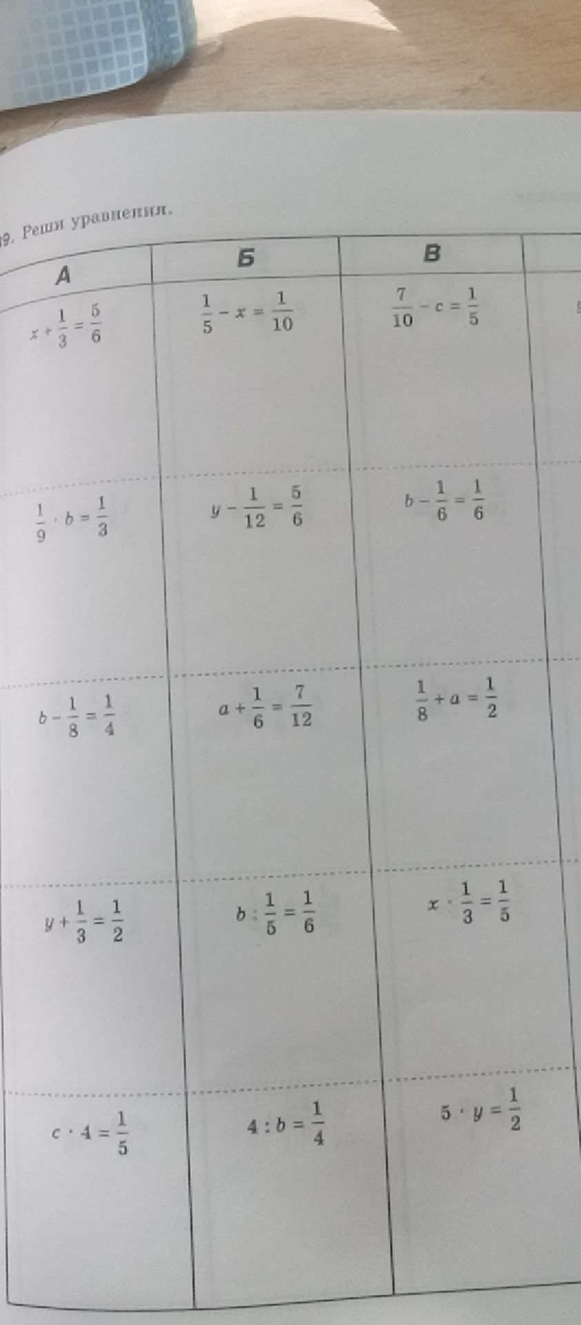 Фото задания: 9. Реши уравнения: А) x + 1/3 = 5/6; 1/9 · b = 1/3; b − 1/8 = 1/4; y + 1/3 = 1/2; c · 4 = 1/5. Б) 1/5 − x = 1/10; y − 1/12…