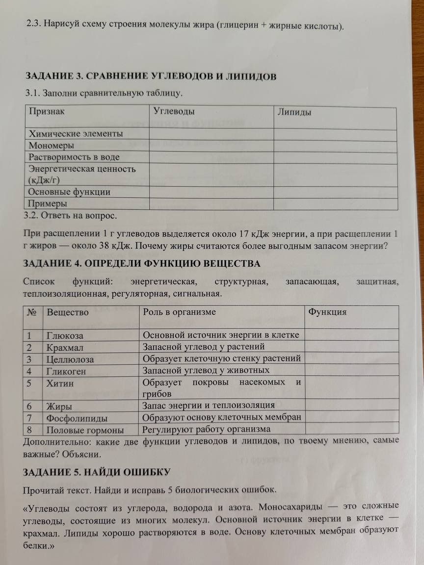 Фото задания: 2.3. Нарисуй схему строения молекулы жира (глицерин + жирные кислоты).