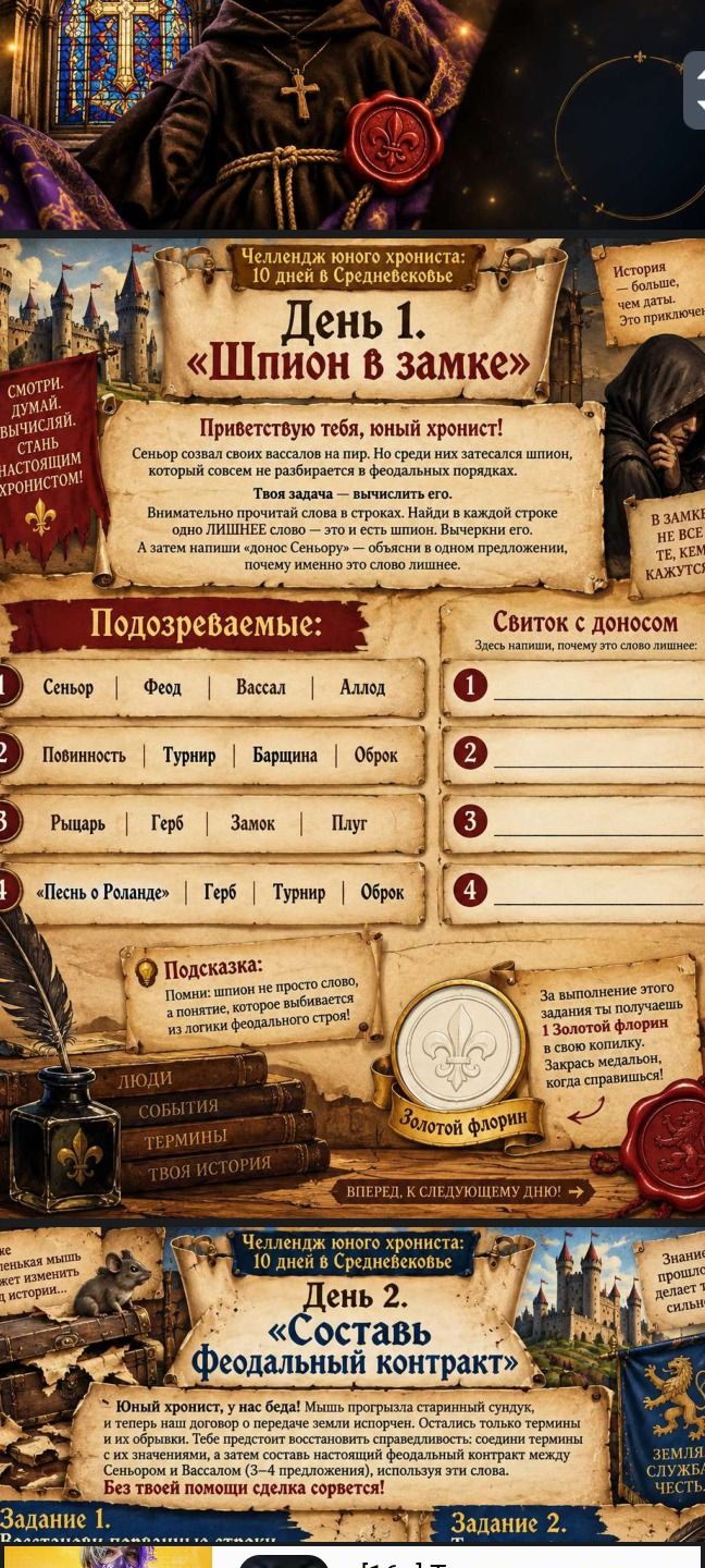 Фото задания: День 2. «Составь феодальный контракт». Юный хронист, у нас беда! Мышь прогрызла старинный сундук, и теперь договор о передаче…