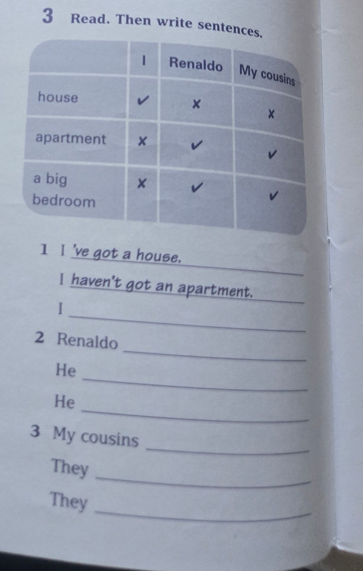 Фото задания: 3. Read. Then write sentences. Use the table to write sentences about I, Renaldo and My cousins.