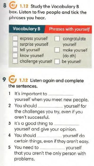 Фото задания: 8. Study the Vocabulary B box. Listen to five people and tick the phrases you hear.