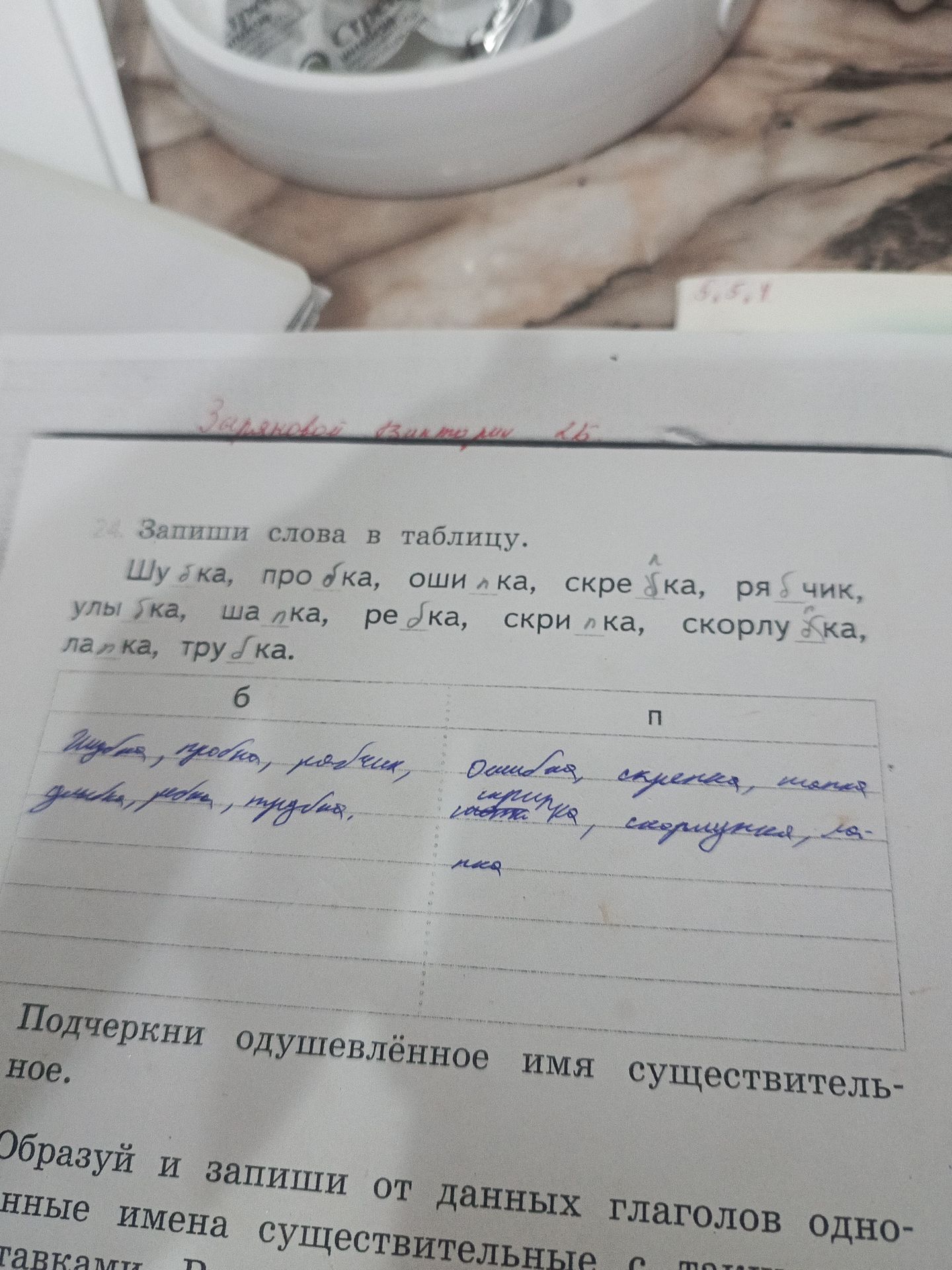 Фото задания: 24. Запиши слова в таблицу: шубка, пробка, ошибка, скрепка, рябчик, улыбка, шапка, репка, скрипка, скорлупка, лапка,…