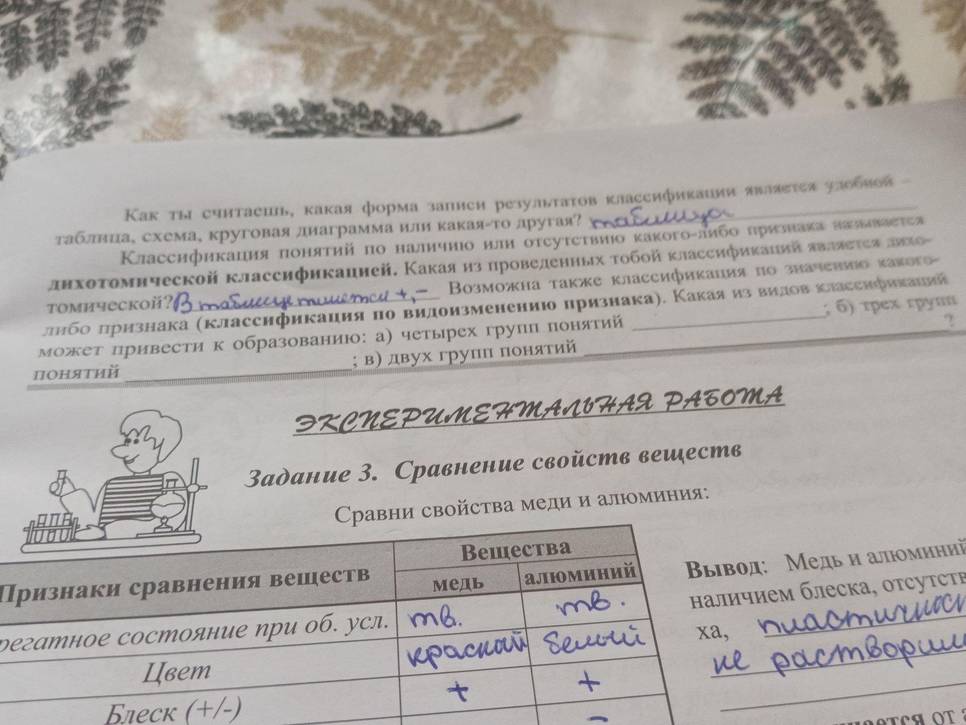 Фото задания: Задание 3. Сравнение свойств веществ. Сравни свойства меди и алюминия: агрегатное состояние при обычных условиях, цвет, блеск…