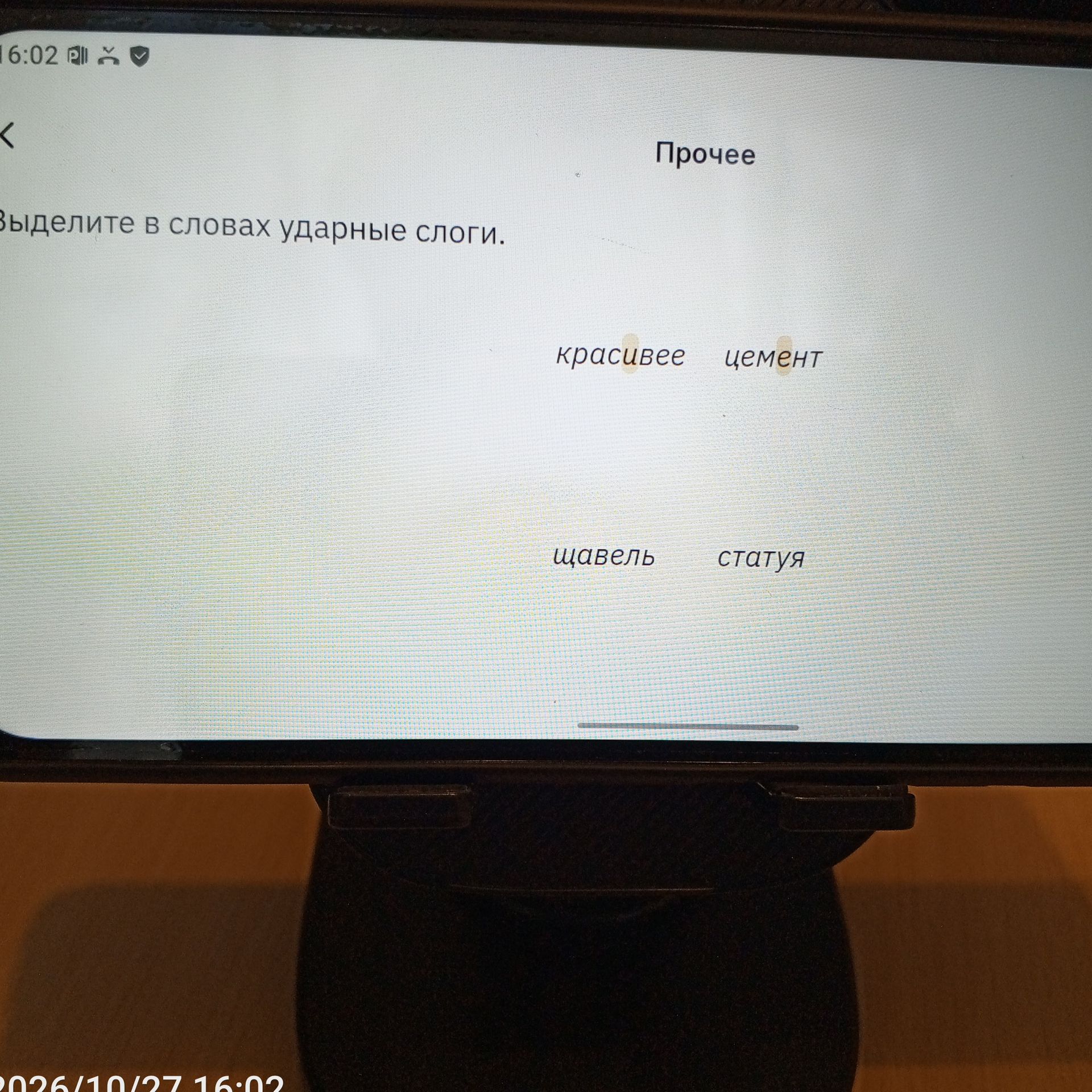 Фото задания: Выделите в словах ударные слоги: красивее, цемент, щавель, статуя.