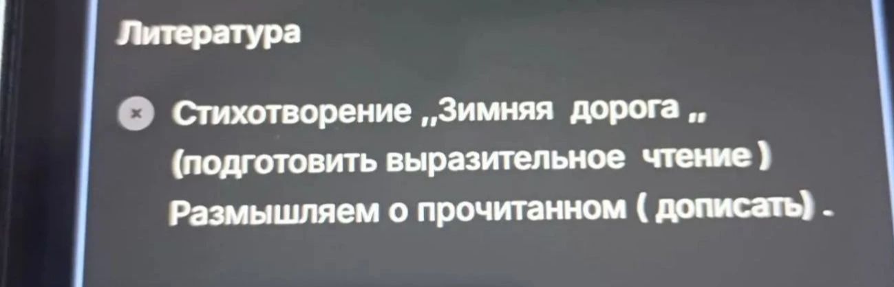 Фото задания: Стихотворение «Зимняя дорога» (подготовить выразительное чтение). Размышляем о прочитанном (дописать).