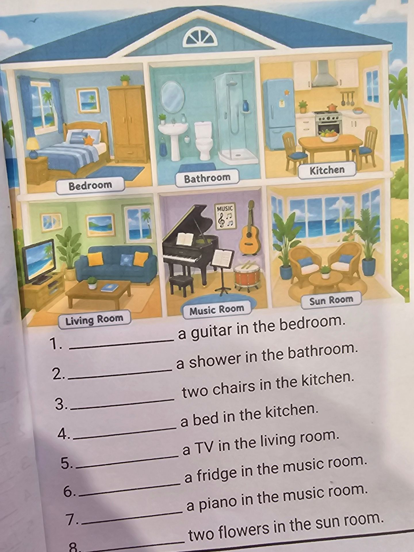 Фото задания: 1. ______ a guitar in the bedroom. 2. ______ a shower in the bathroom. 3. ______ two chairs in the kitchen. 4. ______ a bed…