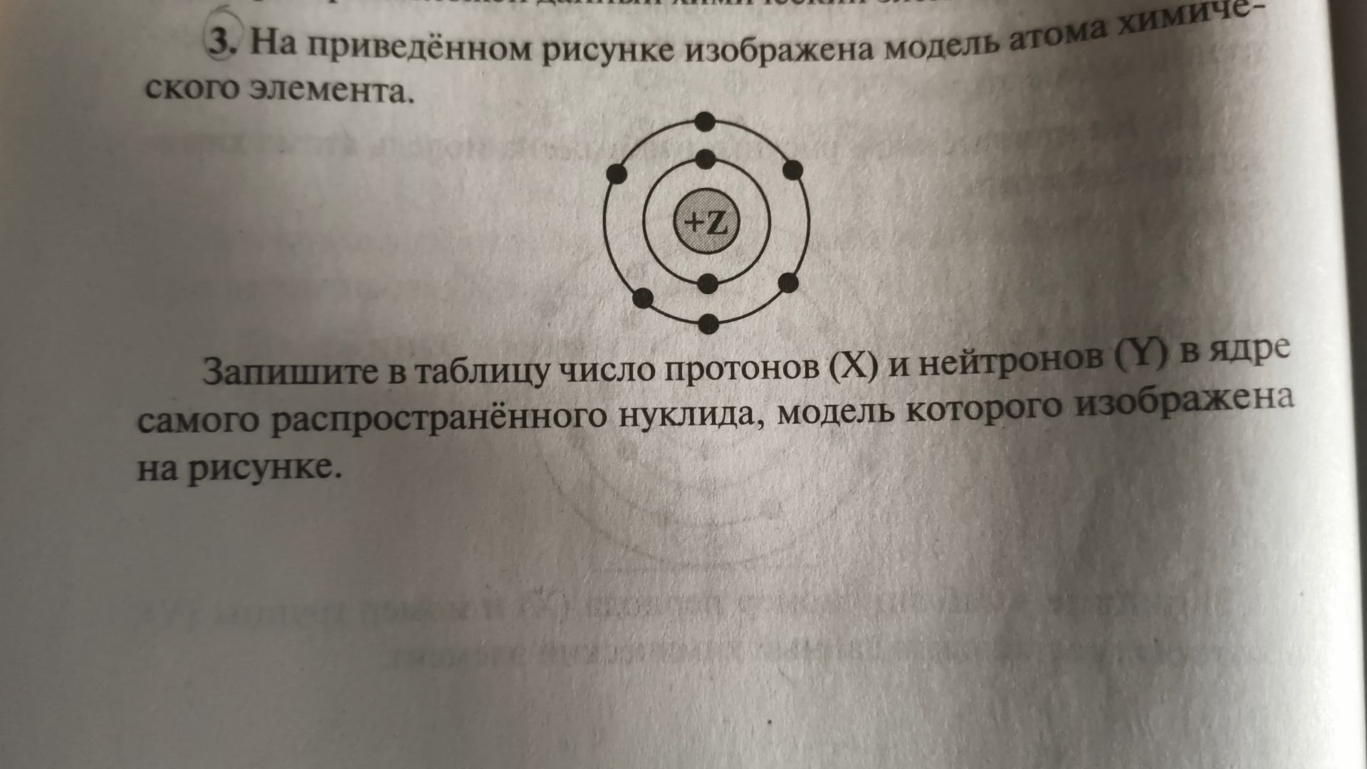 Фото задания: 3. На приведённом рисунке изображена модель атома химического элемента. Запишите в таблицу число протонов (X) и нейтронов (Y)…