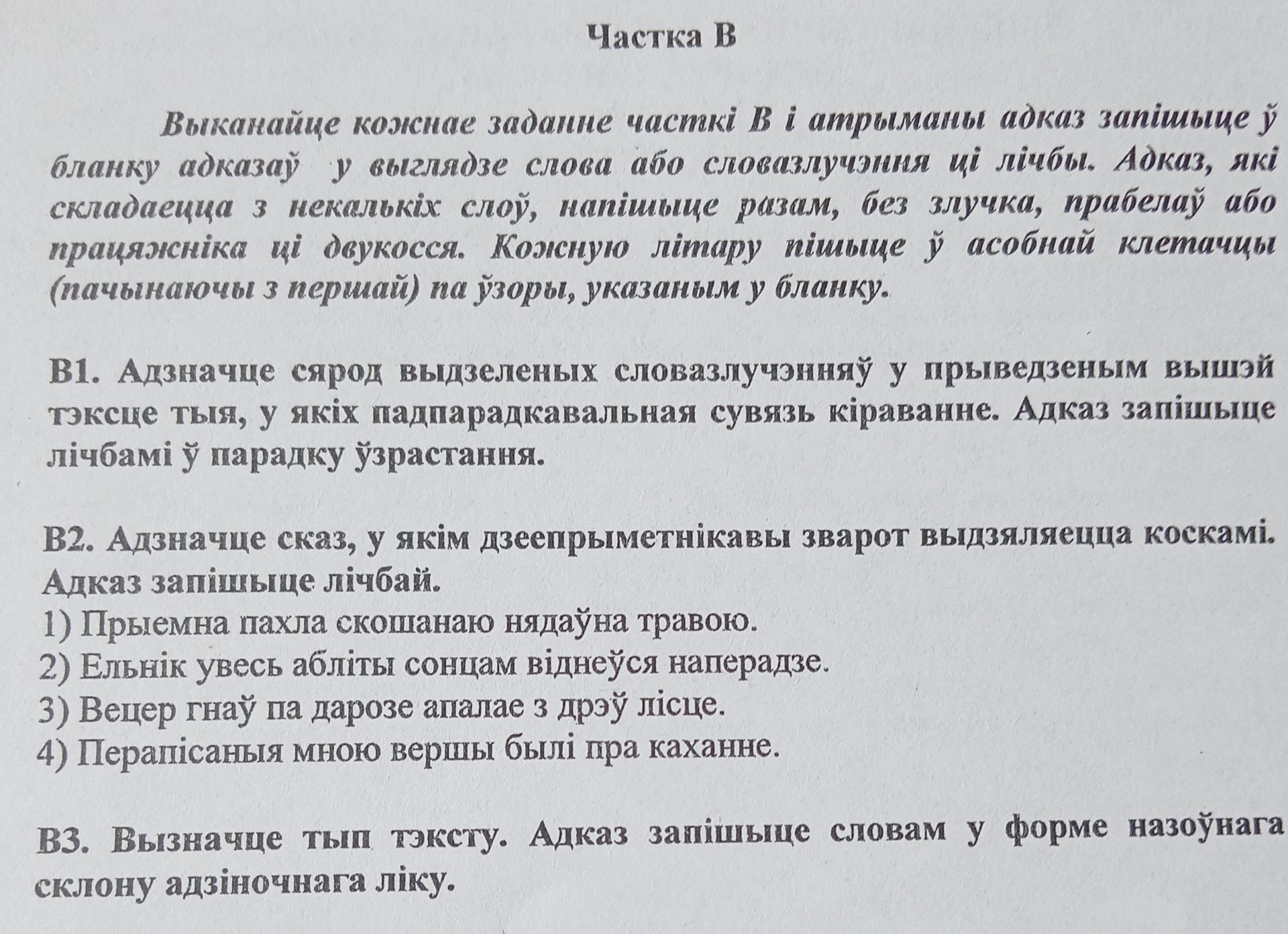 Фото задания: В3. Вызначце тып тэксту. Адказ запішыце словамі ў форме назоўнага склону адзіночнага ліку.