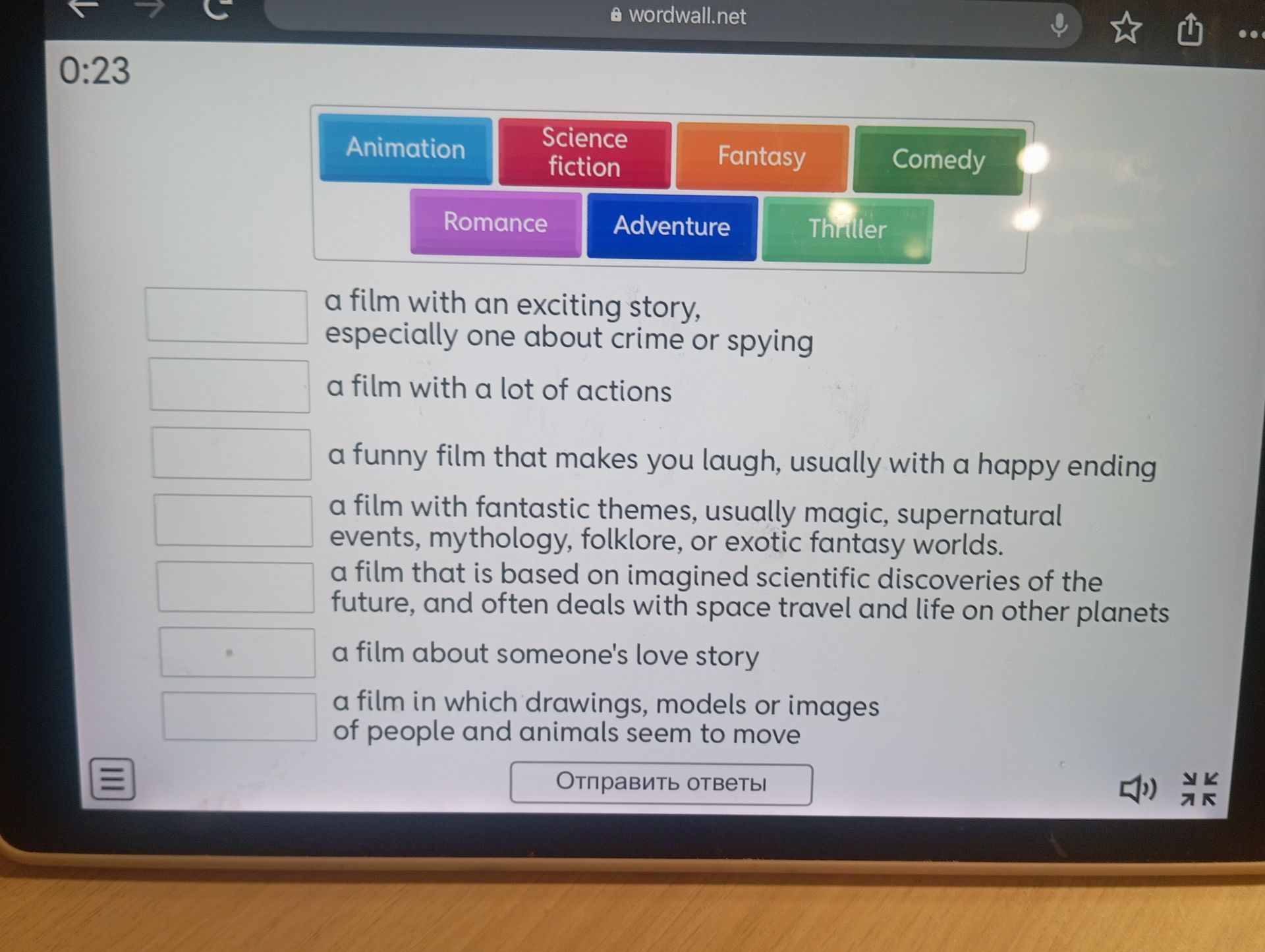 Фото задания: Match the film genres to their definitions: a film with an exciting story, especially one about crime or spying; a film…