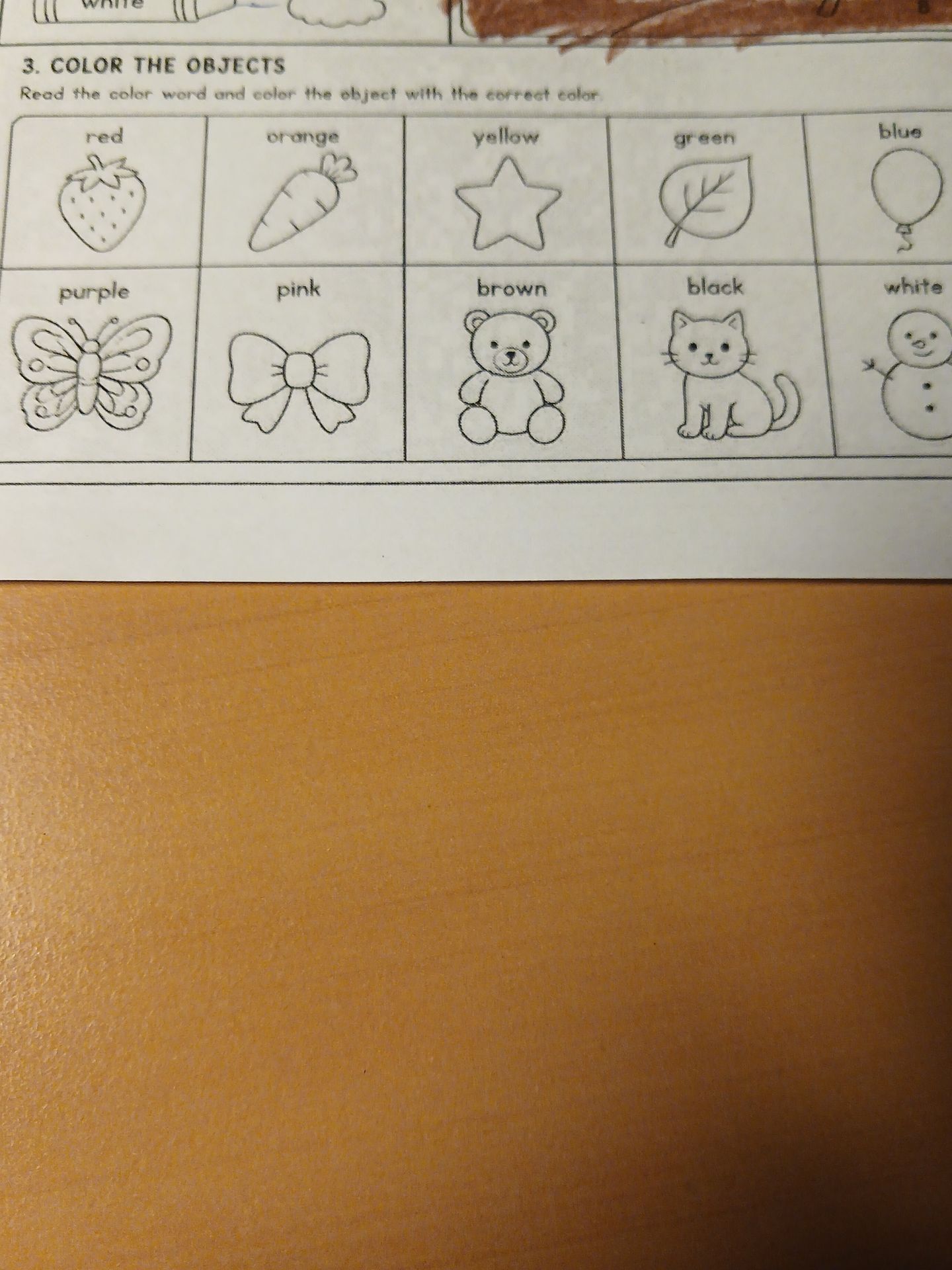 Фото задания: 3. COLOR THE OBJECTS. Read the color word and color the object with the correct color.