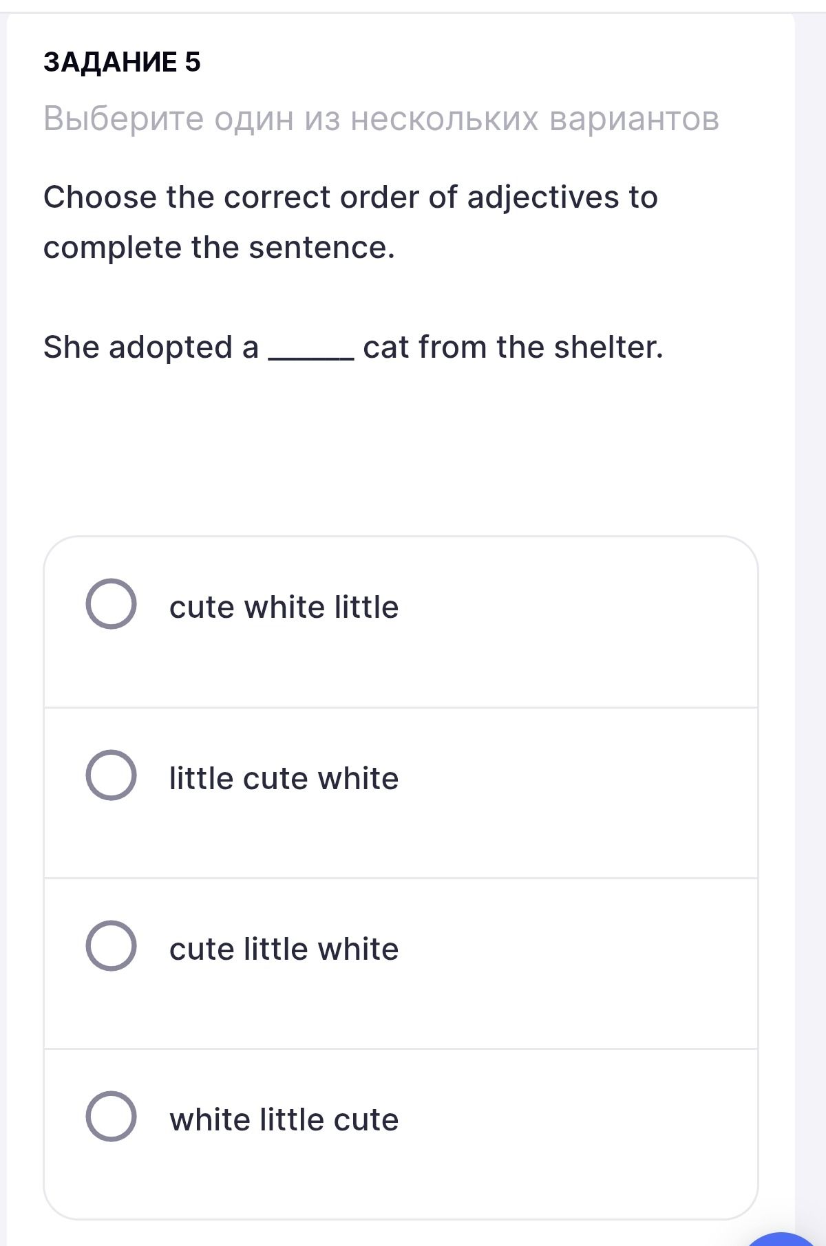 Фото задания: Задание 5. Choose the correct order of adjectives to complete the sentence. She adopted a ______ cat from the shelter.…
