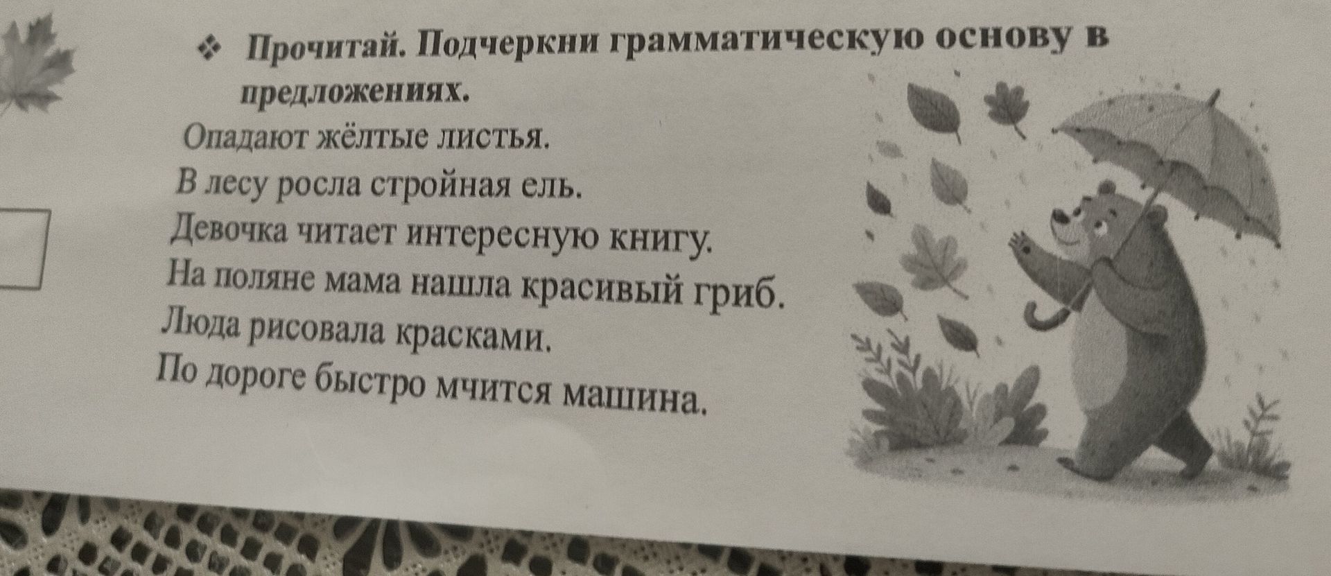 Фото задания: Прочитай. Подчеркни грамматическую основу в предложениях: Опадают жёлтые листья. В лесу росла стройная ель. Девочка читает…
