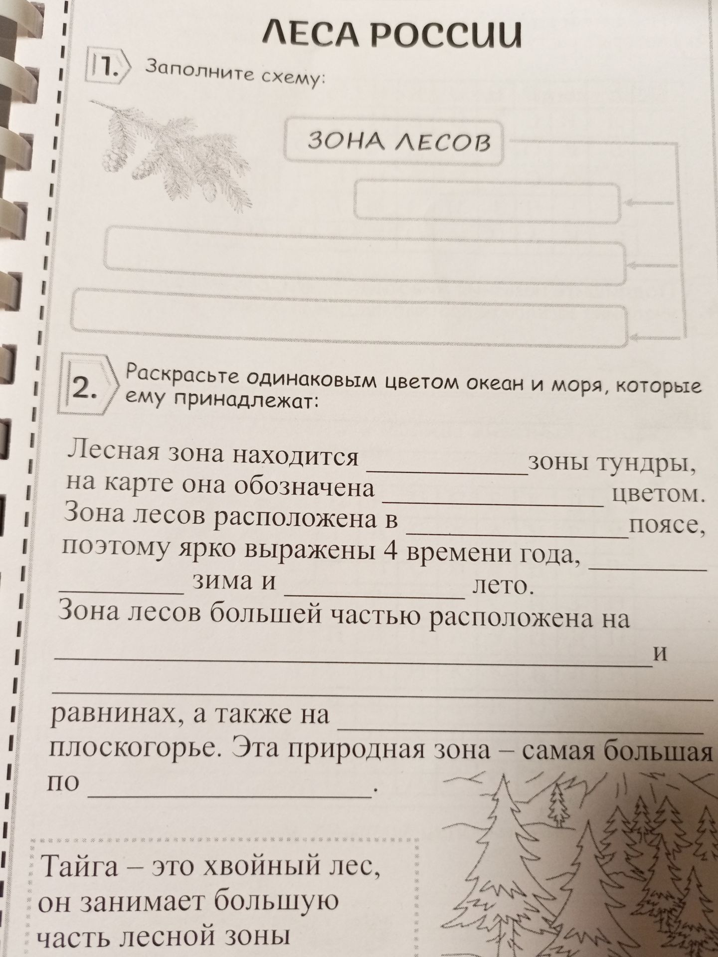 Фото задания: 2. Раскрасьте одинаковым цветом океан и моря, которые ему принадлежат. Лесная зона находится _____ зоны тундры, на карте…