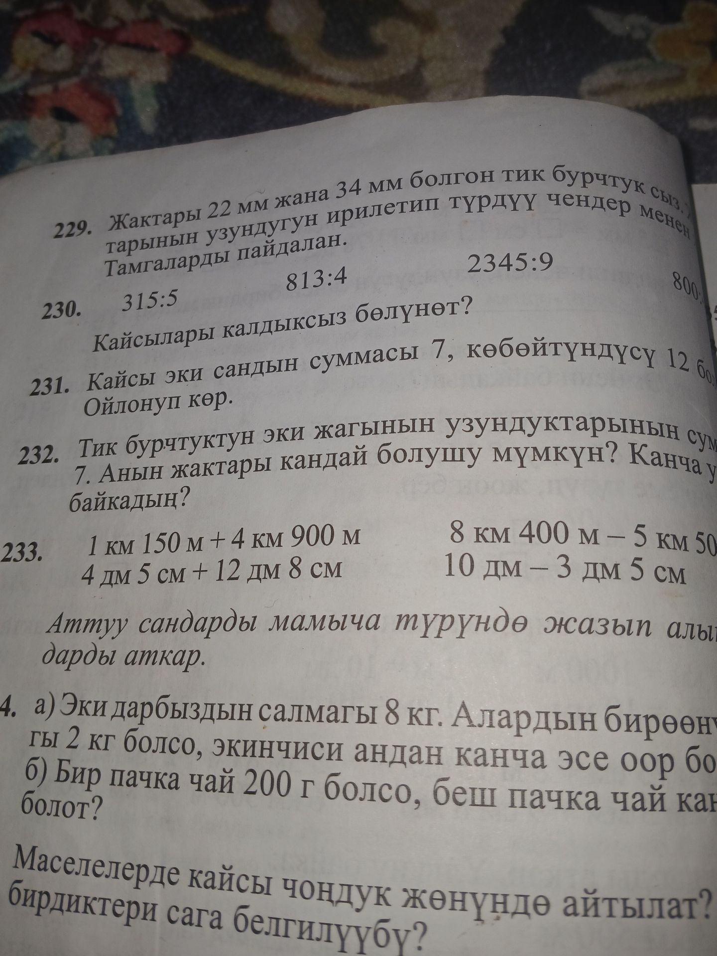 Фото задания: 230. 315:5, 813:4, 2345:9, 800… Кайсылары калдыксыз бөлүнөт?