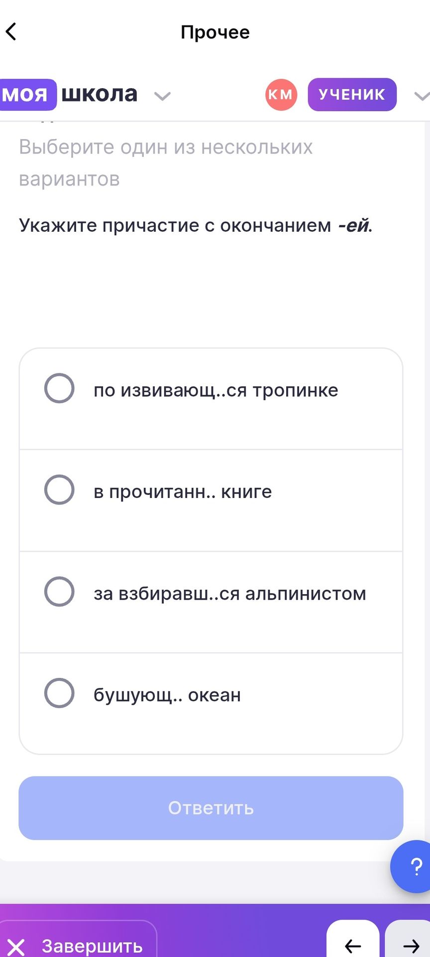Фото задания: Укажите причастие с окончанием -ей. Выберите один вариант: по извивающ..ся тропинке; в прочитанн.. книге; за взбиравш..ся…