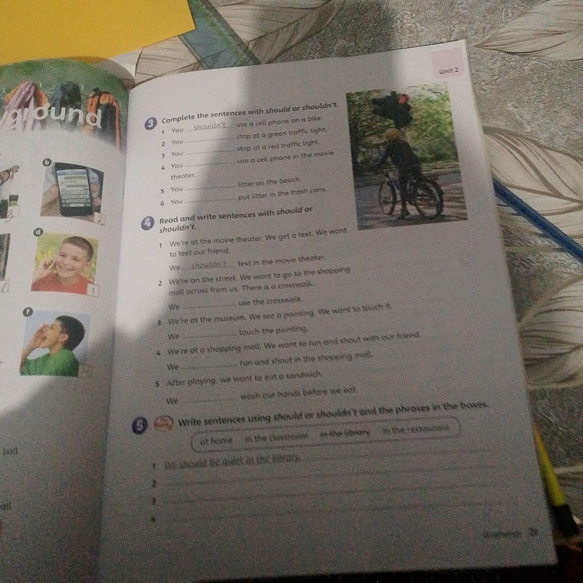 Фото задания: 5. Write sentences using should or shouldn’t and the phrases in the box. [Текст и фразы в рамке неразборчивы.]